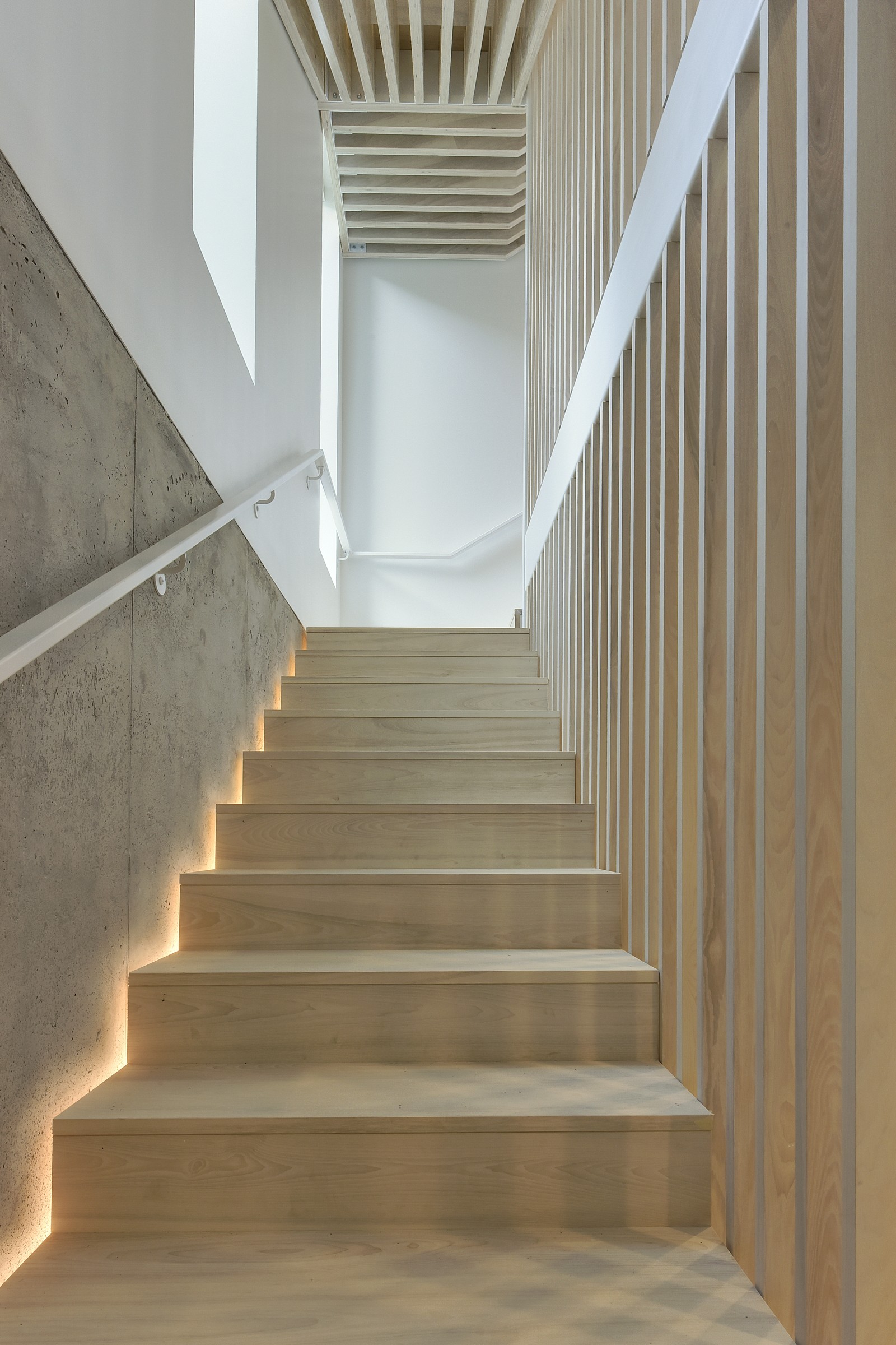 Custom accoya staircase with slat wall and concealed light detail