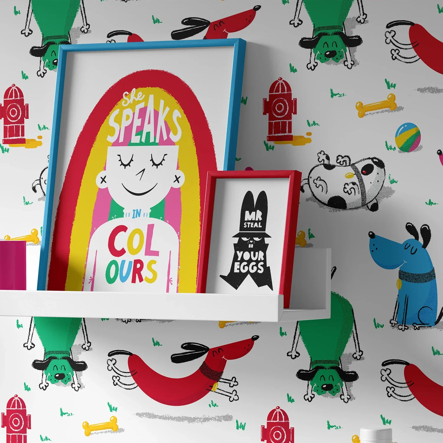 Printed wallpaper and framed illustrations