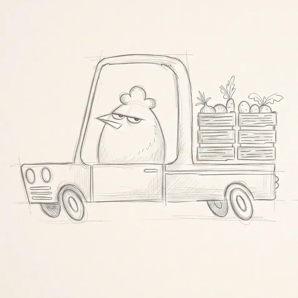 Loose pencil sketch of a bird driving a small truck loaded with crates of vegetables.