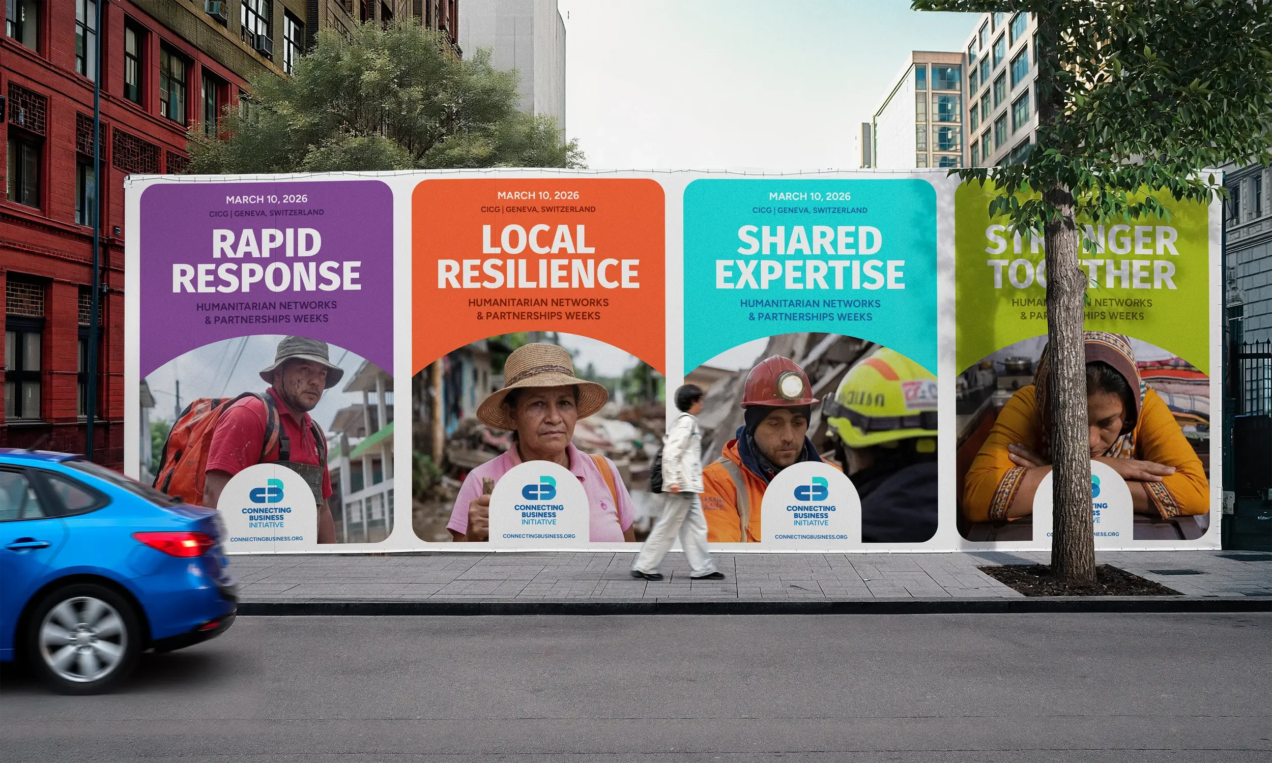 Billboard designs by Ian Wrigglesworth for Connecting Business Initiative, Humanitarian Networks & Partnerships Weeks campaign, Geneva 2026