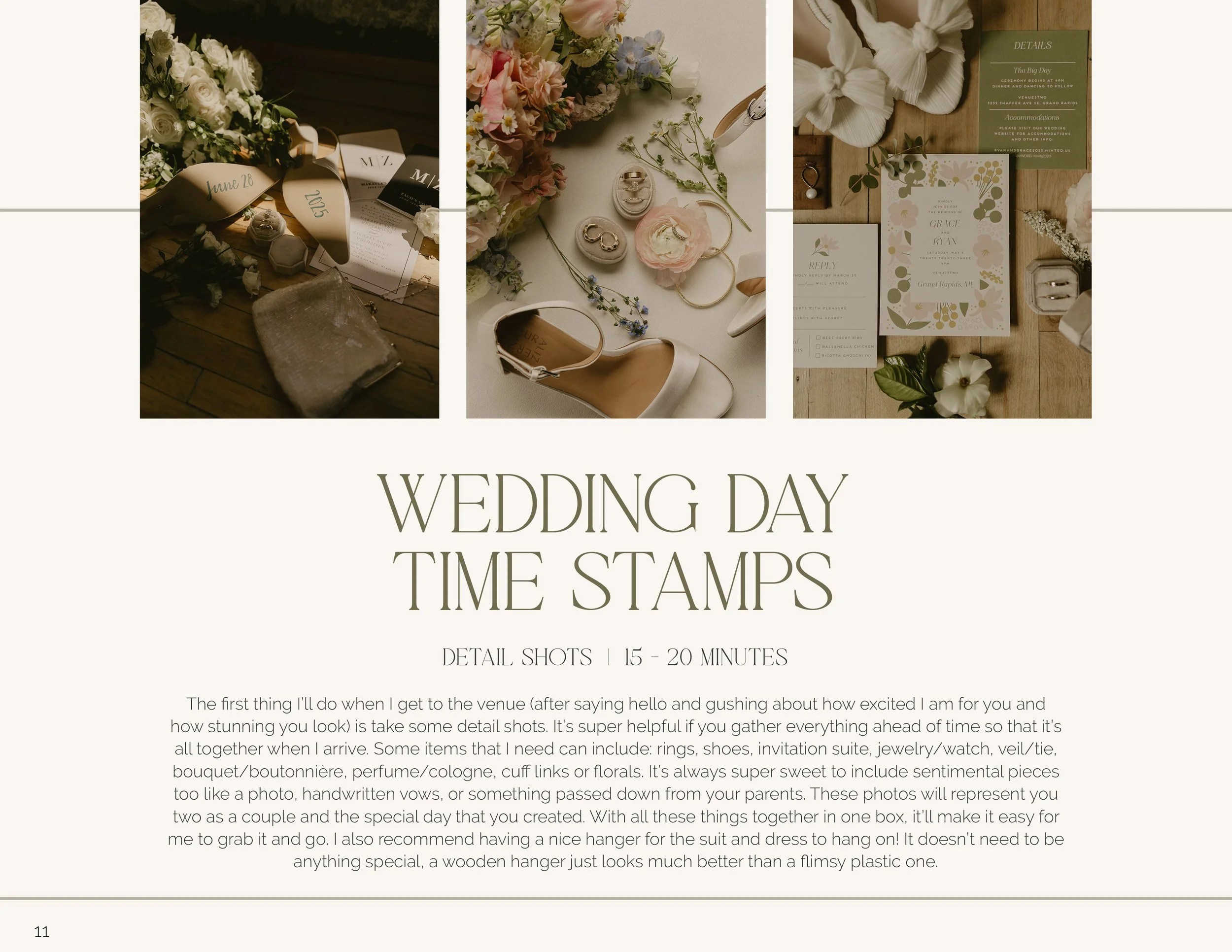 A digital guide on wedding day time stamps, showing three sample photos of wedding details such as flowers, jewelry, shoes, invitations, and rings, with descriptive text about capturing detail shots for a wedding.