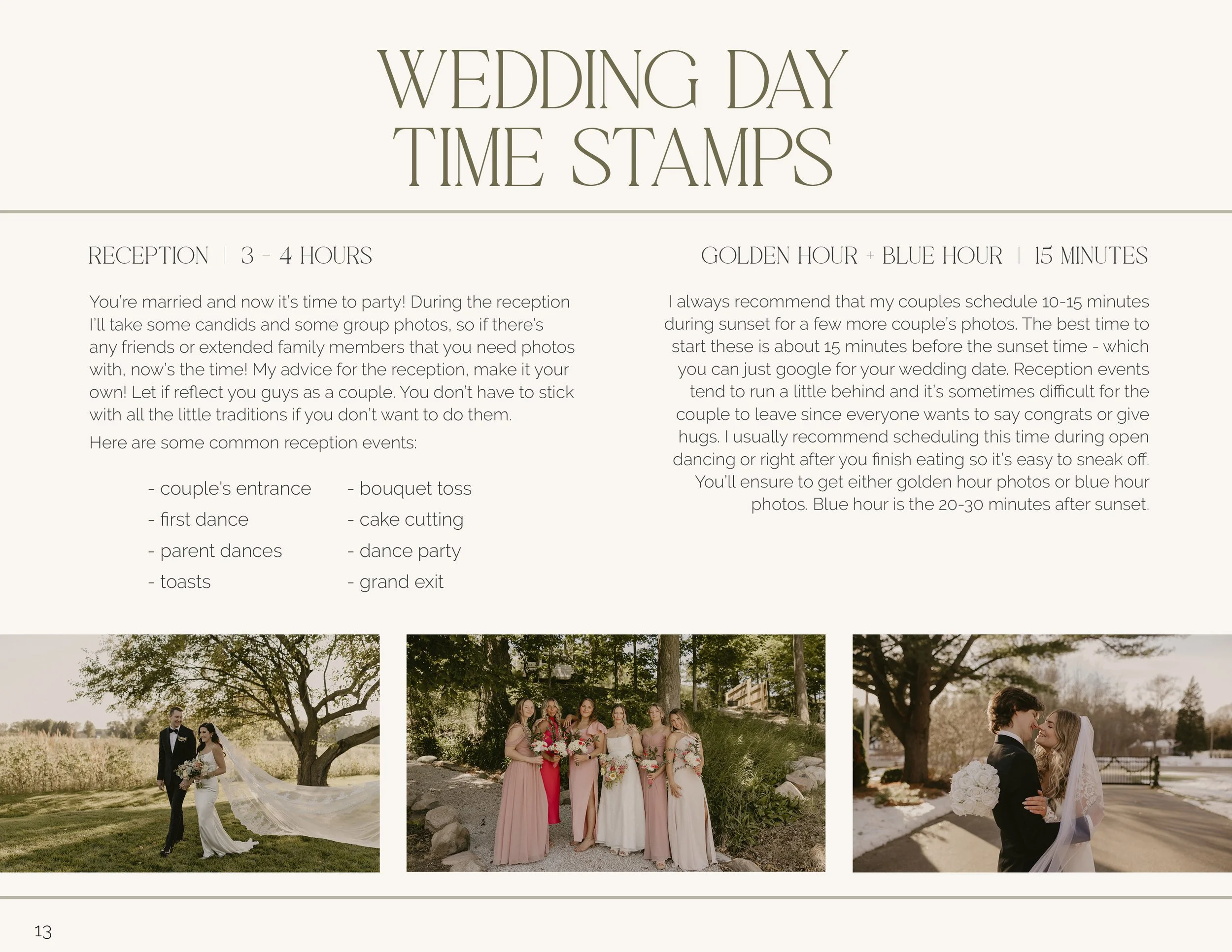 Guide for wedding day time stamps, including reception activities, golden hour, and blue hour photos, with three wedding photos showing a bride and groom.