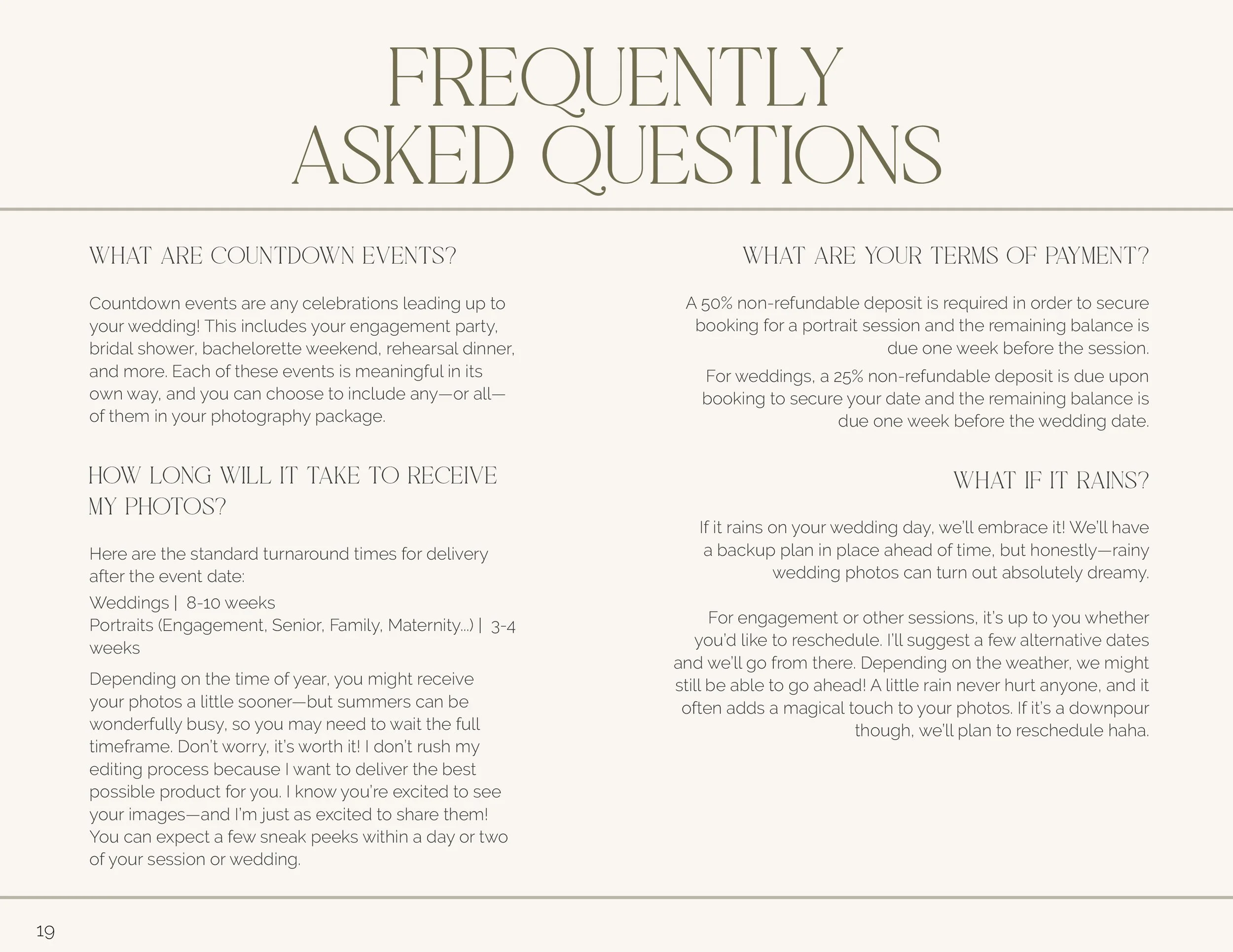 Page titled 'Frequently Asked Questions' with columns of text providing information about wedding photography, including questions about countdown events, delivery time, payment terms, and rain policies.