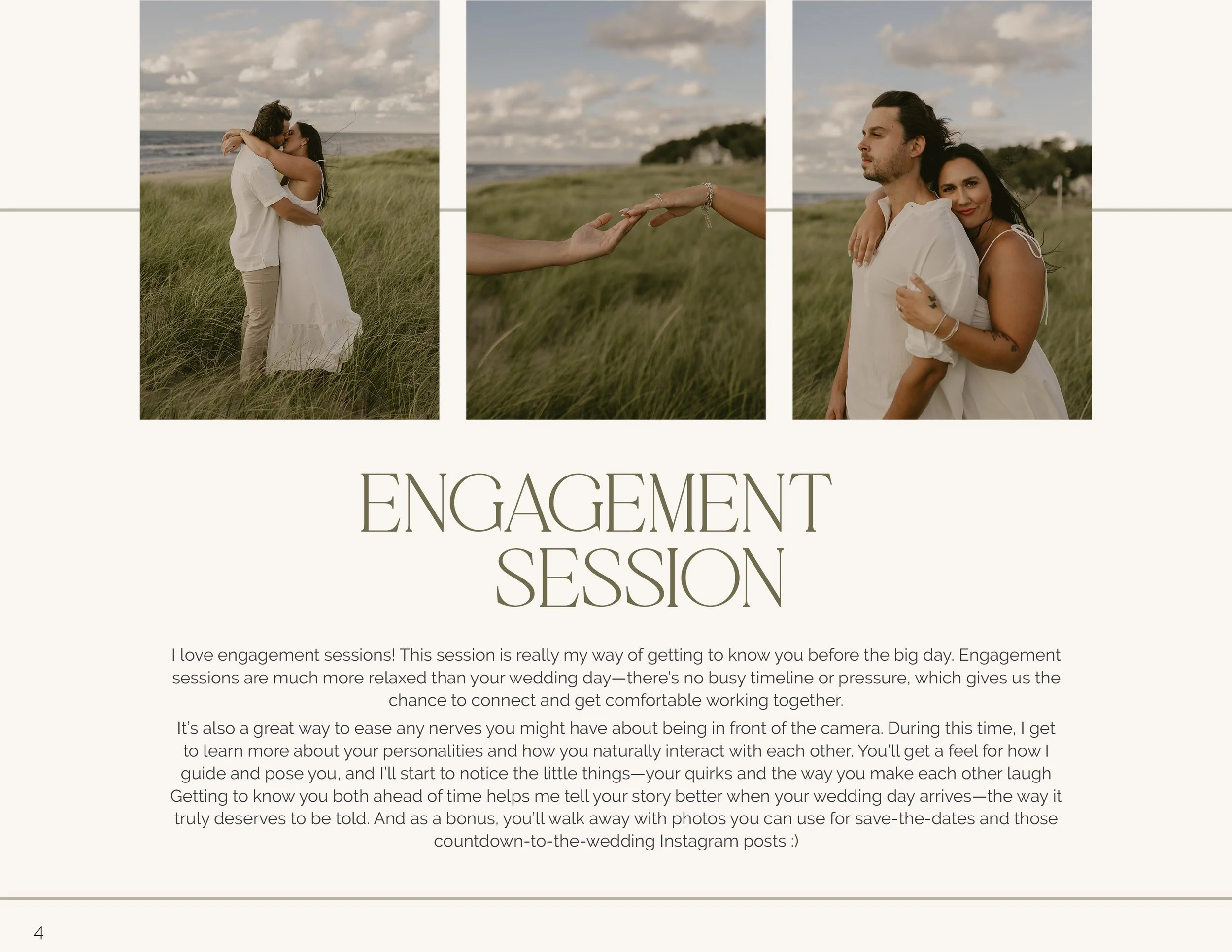 Three photos of a couple on a grassy field near the ocean, with clouds overhead. The first photo shows the couple embracing and kissing. The second photo is a close-up of two hands reaching out to each other. The third photo shows the couple standing close together, with the woman leaning on the man's shoulder, both looking content.