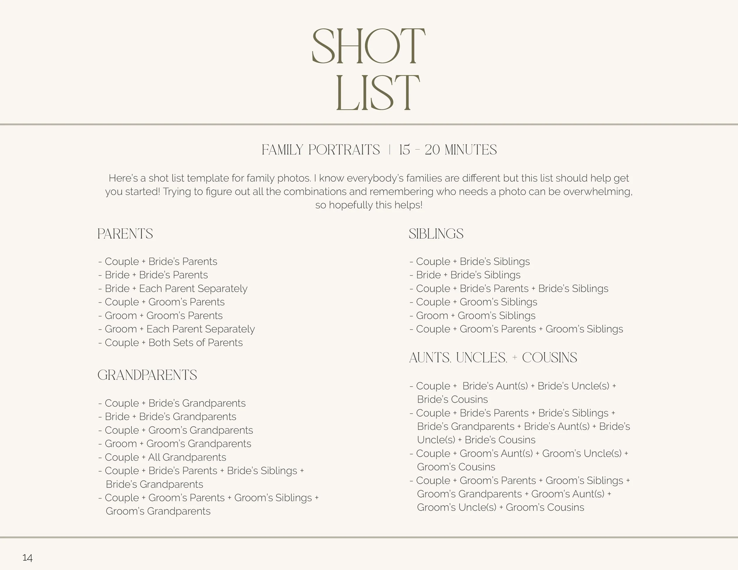 A family photo shot list template listing different family member groups for photography, including parents, siblings, grandparents, aunts, uncles, and cousins, with suggested combinations to capture for photo sessions.