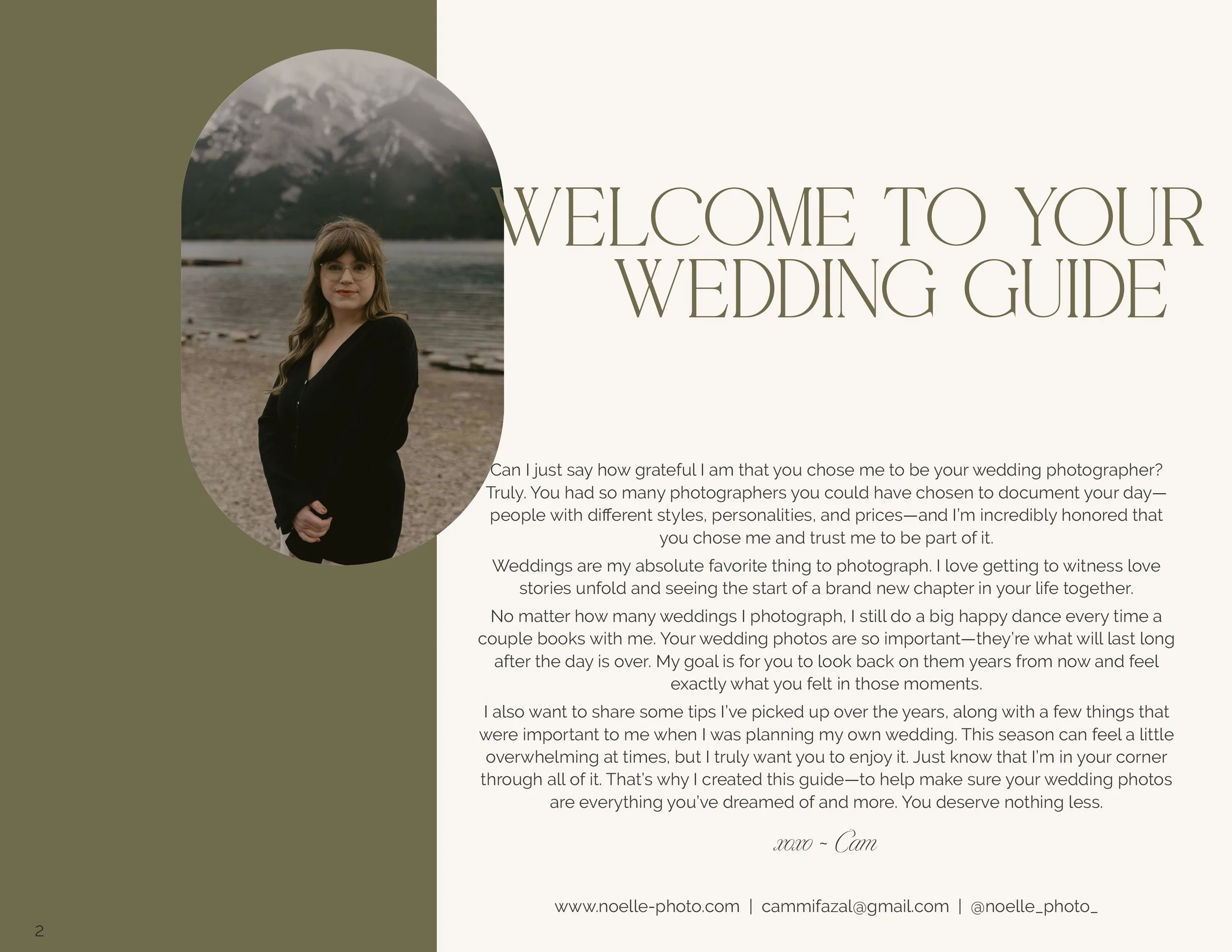 Wedding guide welcome page with a woman portrait on a lakeside background, mountain scenery, and text expressing gratitude and tips for wedding photography.