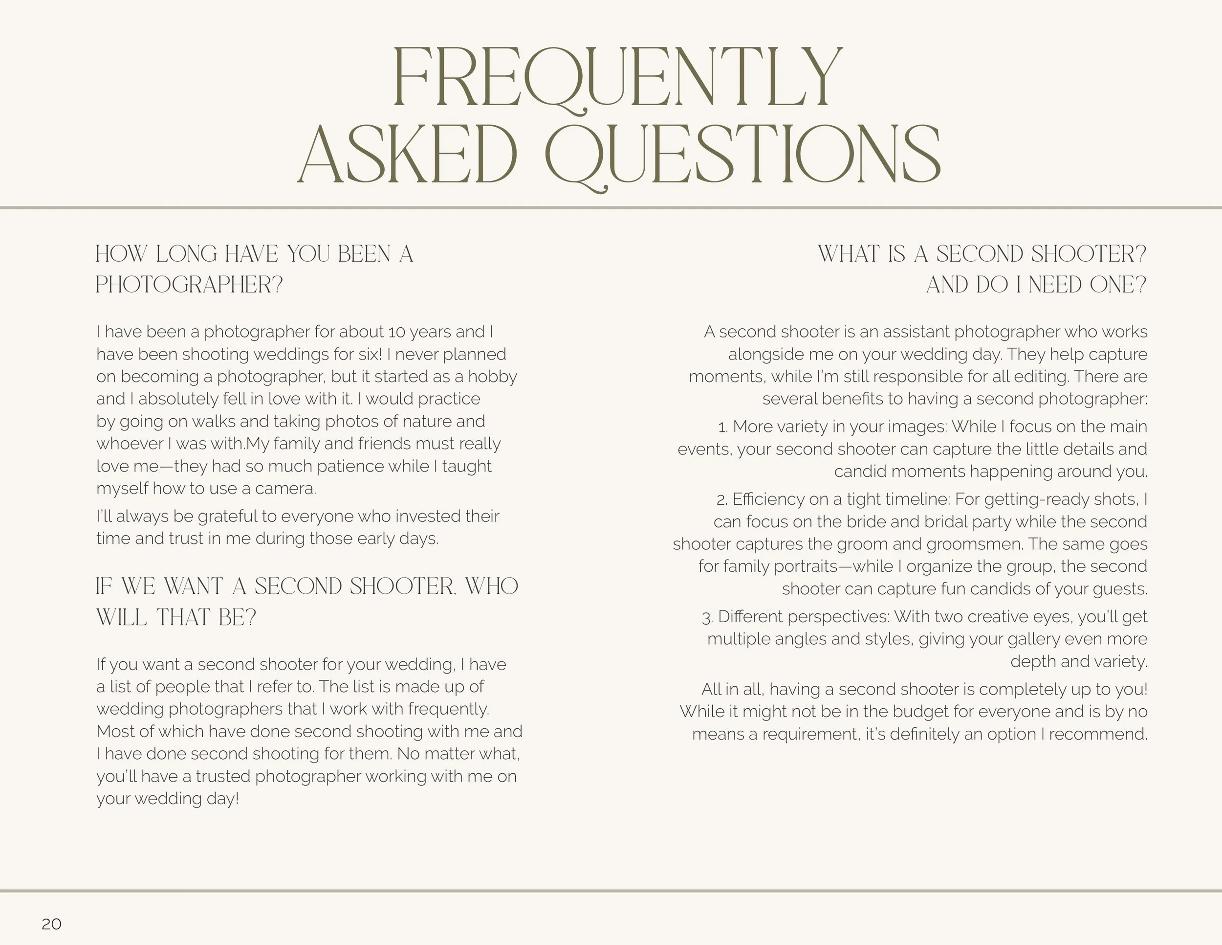 FAQ page titled 'Frequently Asked Questions' with text discussing the experience of being a photographer and the role of a second shooter, including benefits and recommendations.