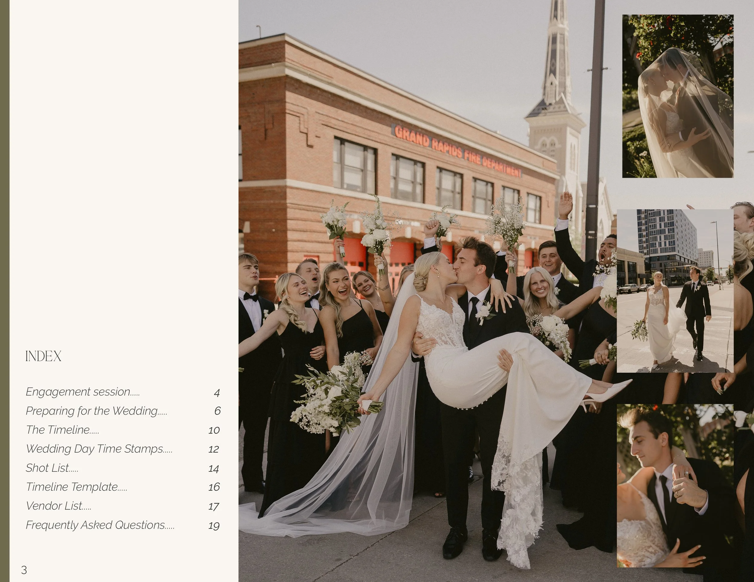 A wedding celebration with a bride and groom kissing, surrounded by bridesmaids and groomsmen, outside a city building with a sign reading 'Grand Rapids Fire Department.' The couple is in the center, with the bride in a white lace gown holding a bouquet and the groom in a tuxedo. The guests are cheering and holding bouquets and raising their hands in celebration.