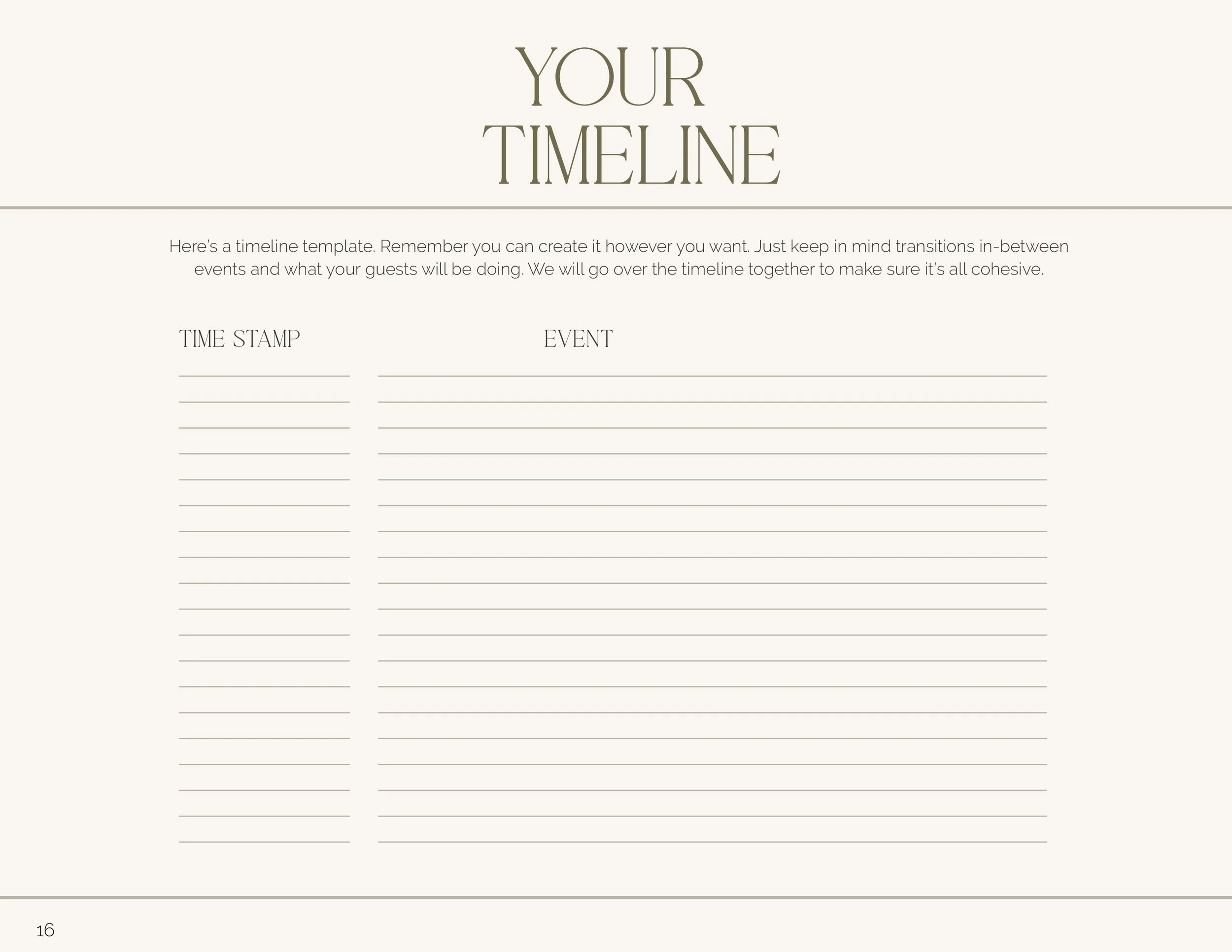 A blank wedding timeline template with columns for time stamp and event, titled 'Your Timeline' at the top.