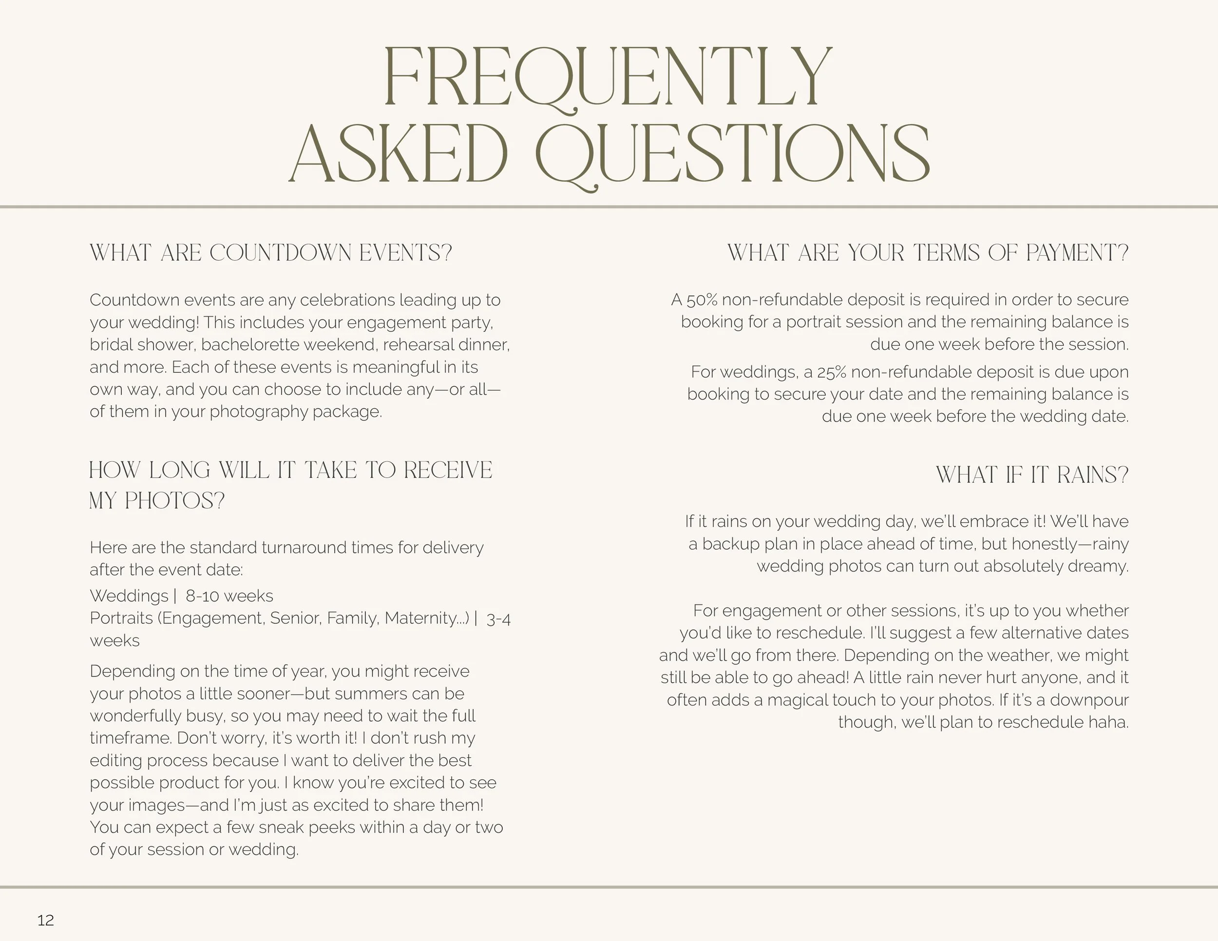 Frequently asked questions about wedding photography, including topics such as countdown events, payment terms, delivery times, rain policies, and rescheduling options.