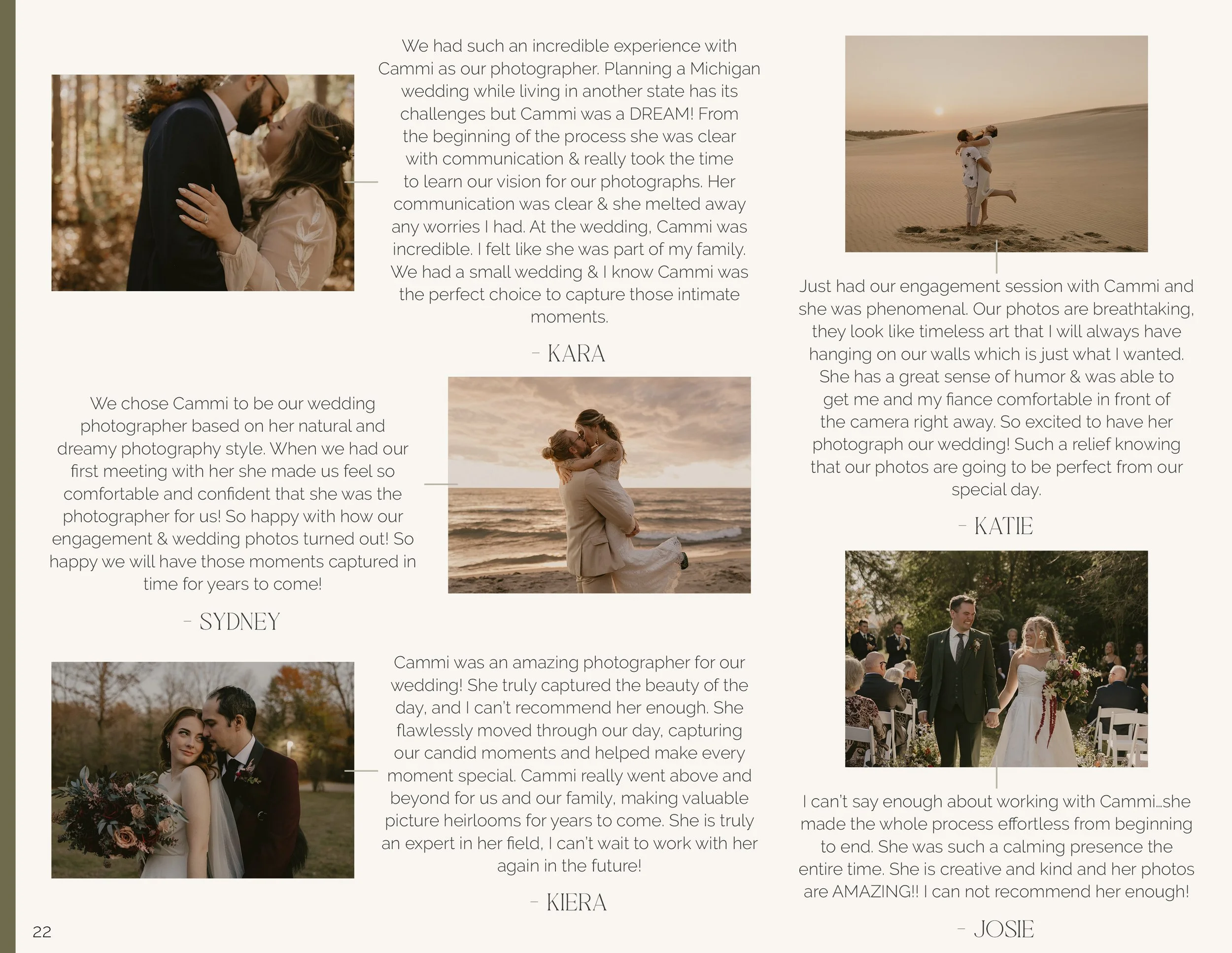 A wedding story with candid photographer reviews, showing images of couples at their wedding and engagement sessions in outdoor settings like a beach, desert, and forest, accompanied by personal testimonials.
