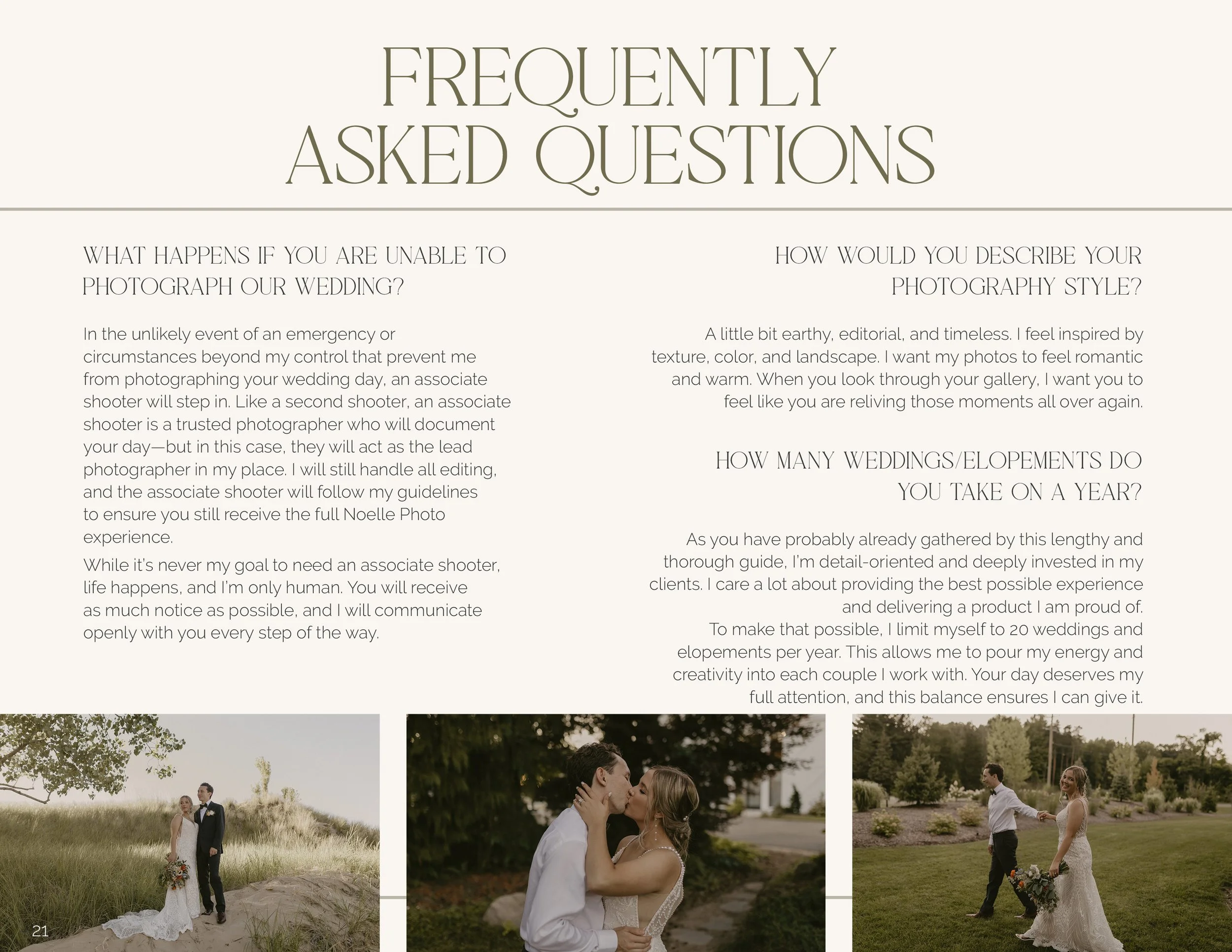 Frequently Asked Questions about wedding photography, including responses on handling emergencies, photography style, and number of weddings per year, with three wedding photos of couples outdoors.