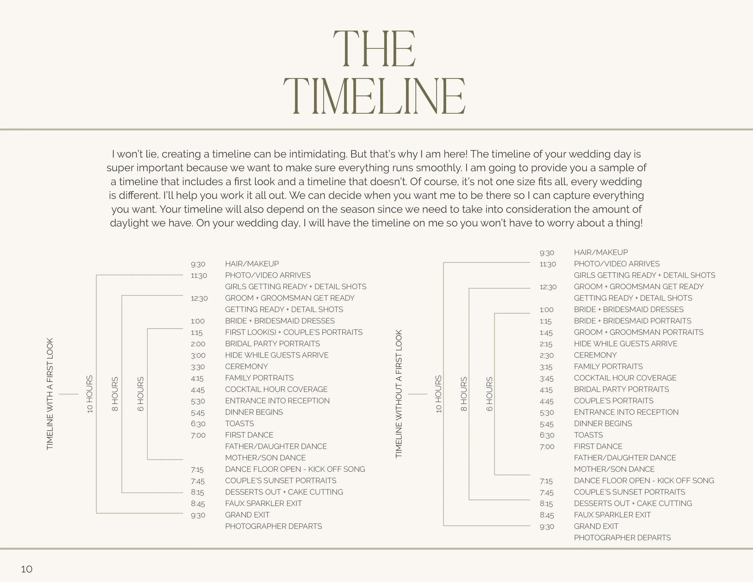 Wedding day timeline schedule outlining various events from hair and makeup at 9:30 AM, photo arrivals at 11:30 AM, audience arrivals at 12:30 PM, bride and bridesmaids getting ready, first look at 1:15 PM, ceremony at 3:30 PM, dinner and dancing into the night, ending around 9:30 PM with photographer departure.