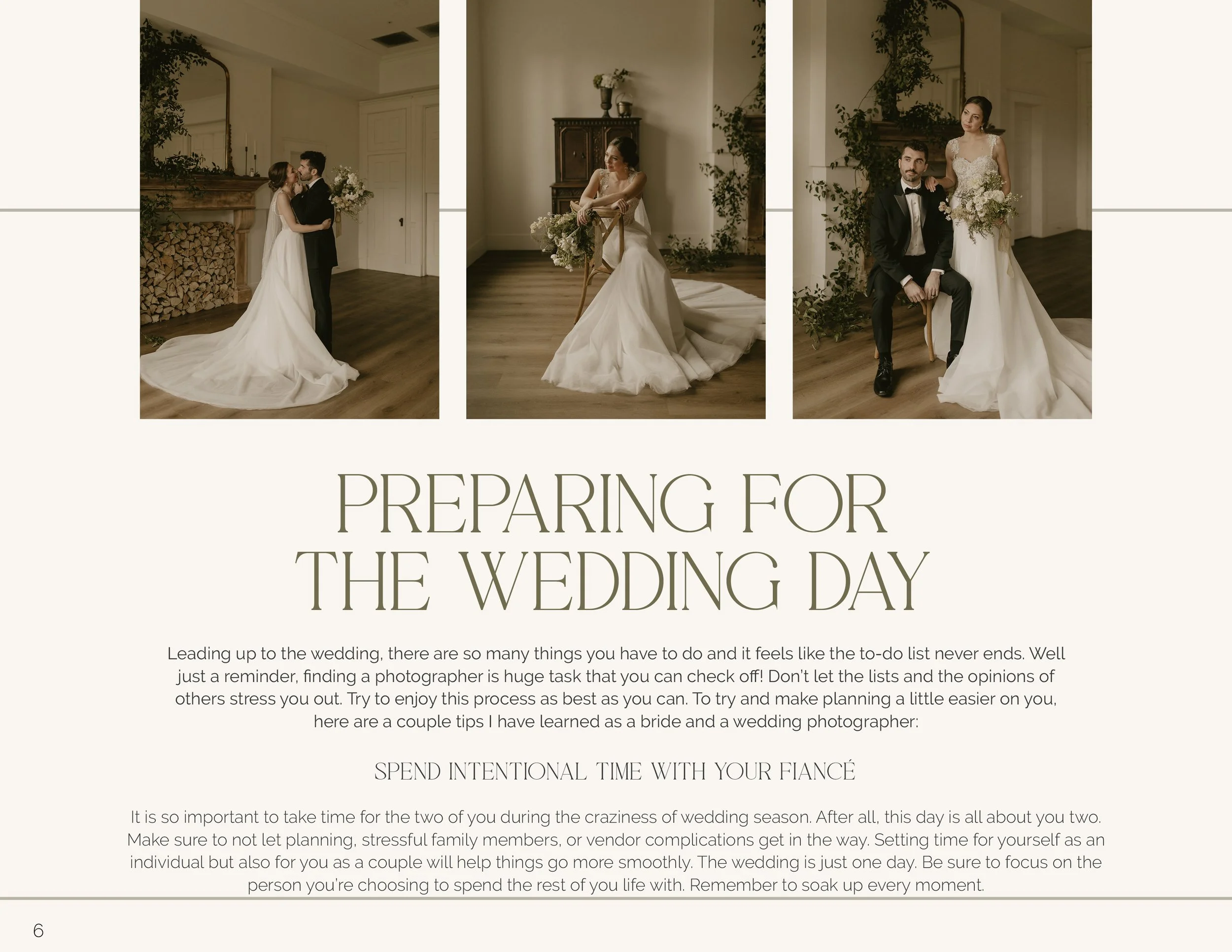 A collage of three wedding photos featuring a bride and groom indoors, with a decorative fireplace, wooden floors, and greenery. The bride is in a white wedding gown holding a bouquet, and the groom is in a black tuxedo.