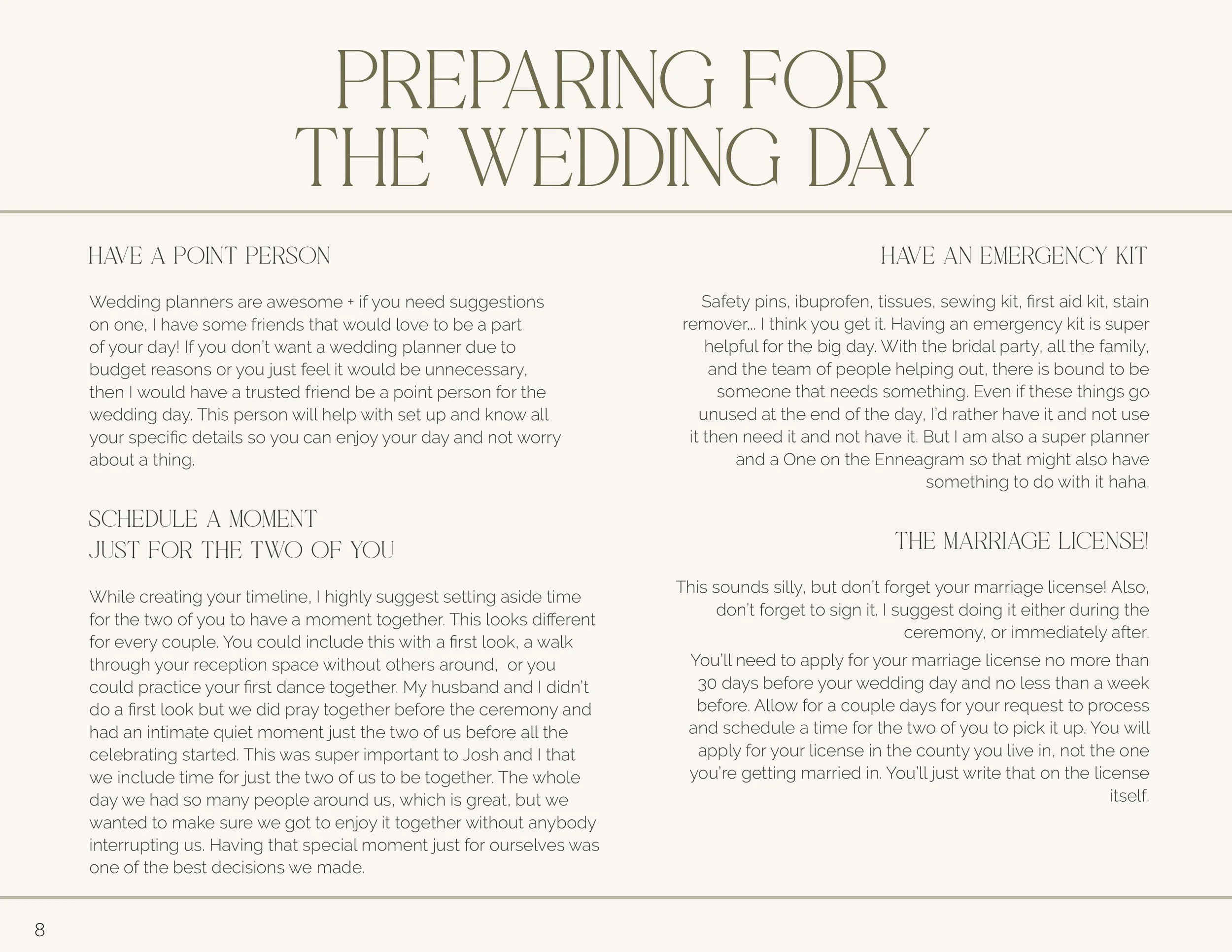 Page titled 'Preparing for the Wedding Day' with sections discussing having a point person, emergency kit, scheduling a moment, and marriage license, with detailed tips and suggestions for each topic.