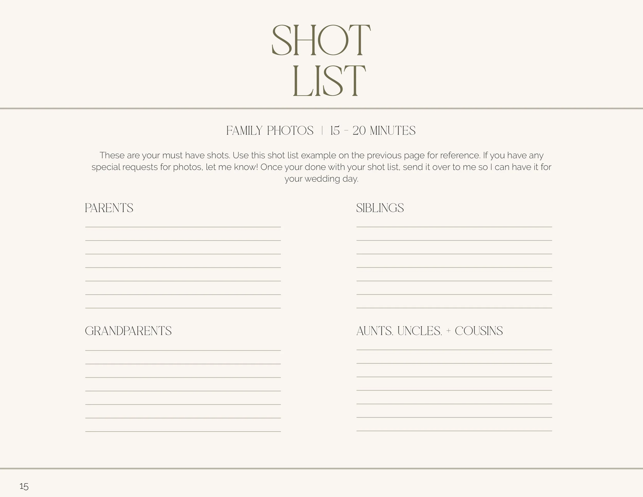 A printed wedding shot list with categories for family photos, including parents, siblings, grandparents, and aunts, uncles, and cousins, with lines for notes.