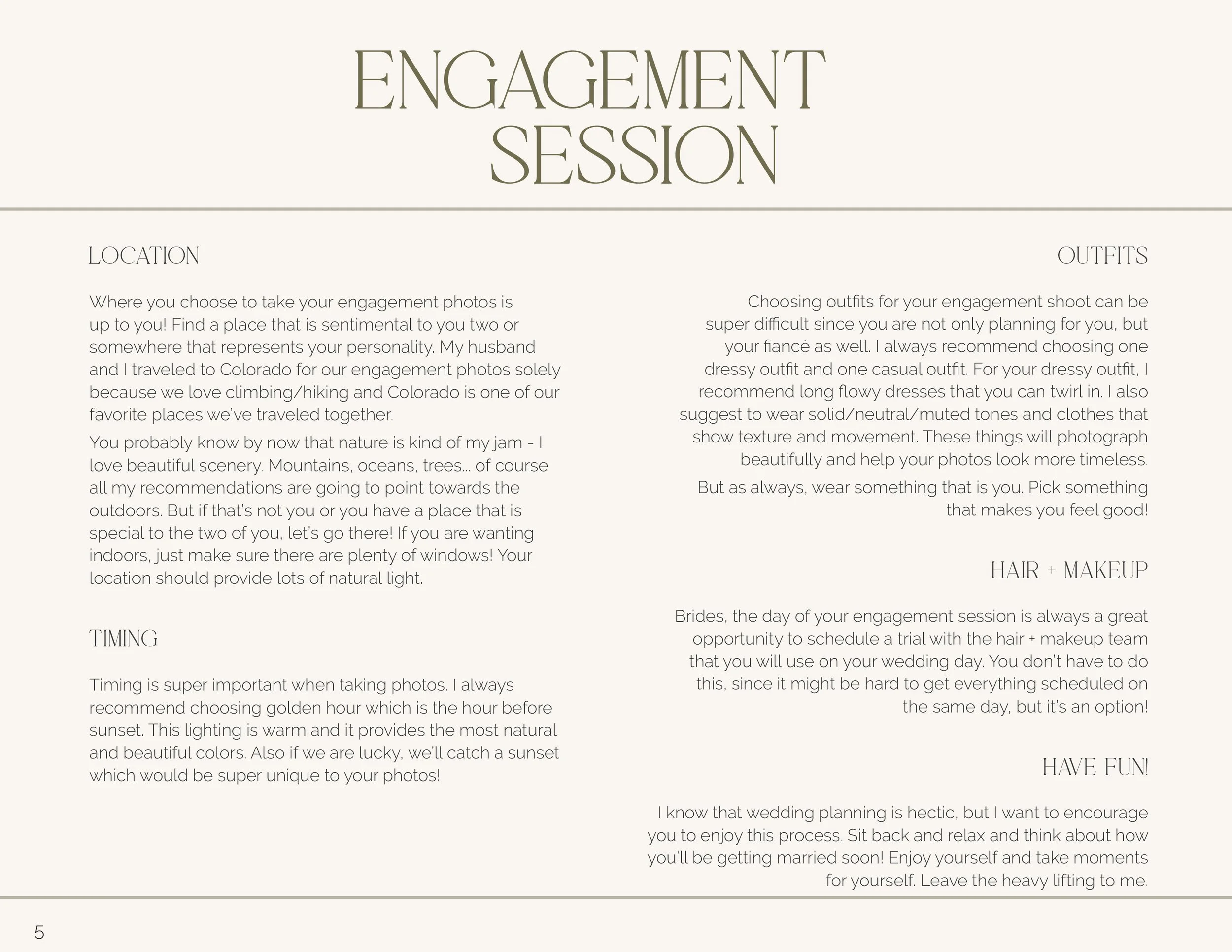 Page from a guide about engagement photos, featuring sections on location, timing, outfits, hair and makeup, and advice for brides, with a beige background and elegant, simple typography.