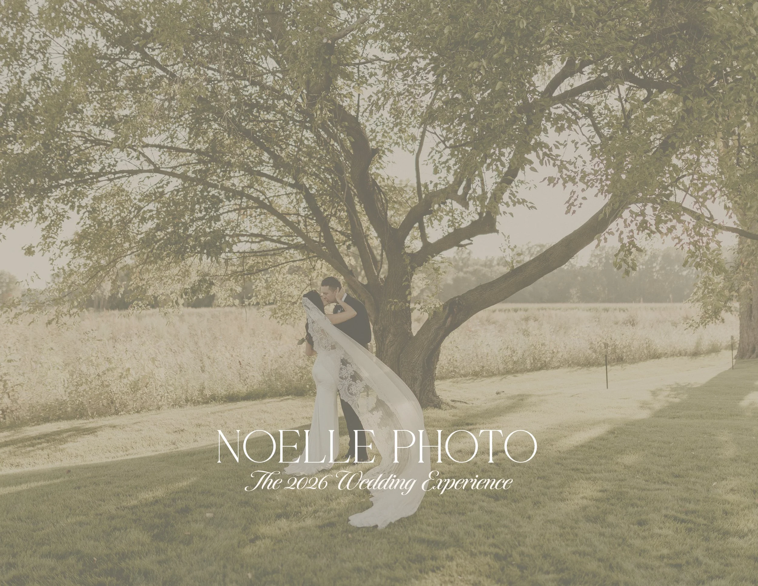 A bride and groom kissing under a large tree in a grassy field, with the text 'NOELLE PHOTO The 2026 Wedding Experience' overlaid.