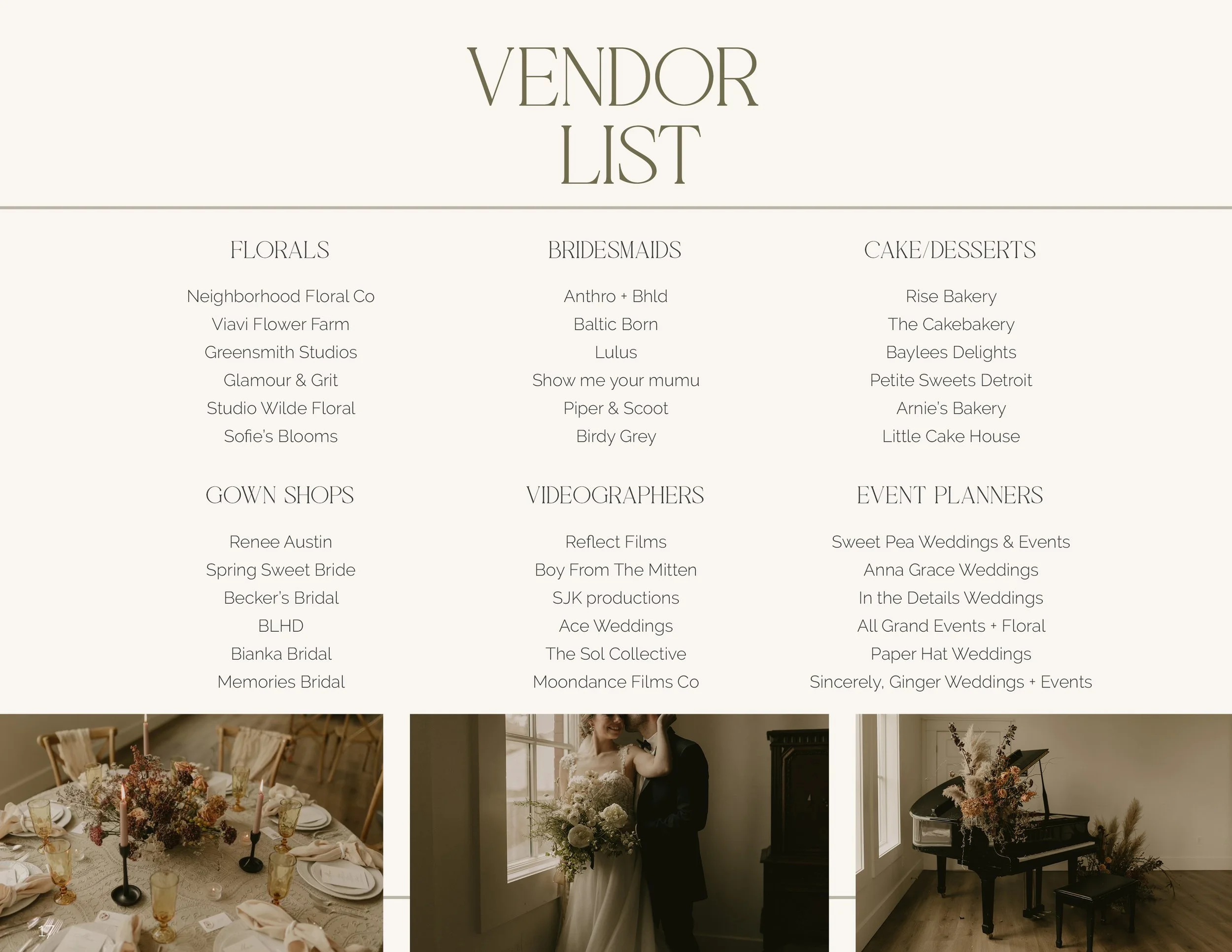 Wedding vendor list including florals, bridesmaids, cake/desserts, gown shops, videographers, and event planners with three wedding decor images at the bottom.