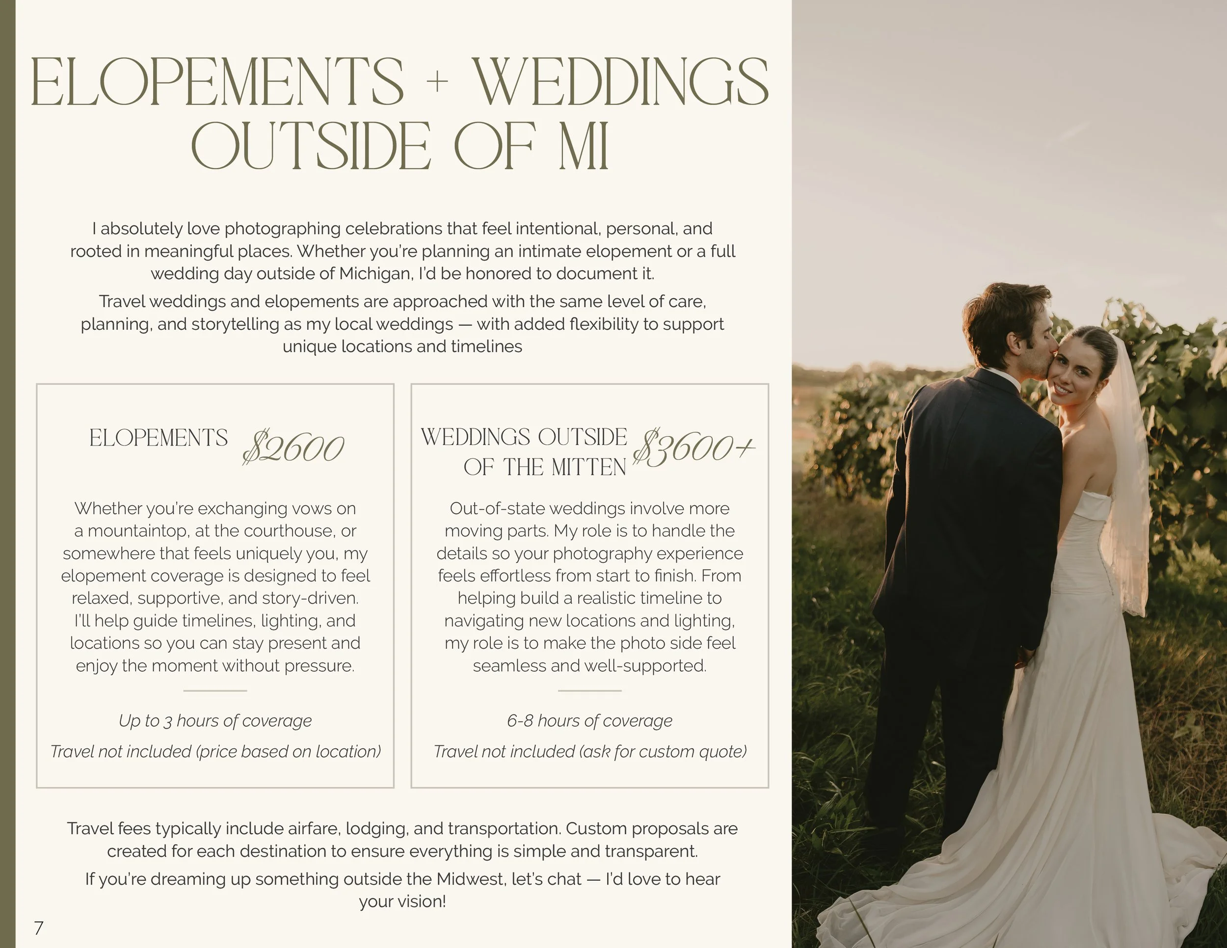 A couple in wedding attire standing outdoors in what appears to be a vineyard at sunset, with the woman wearing a wedding gown and the man in a black suit, sharing a kiss or whispering affectionately.