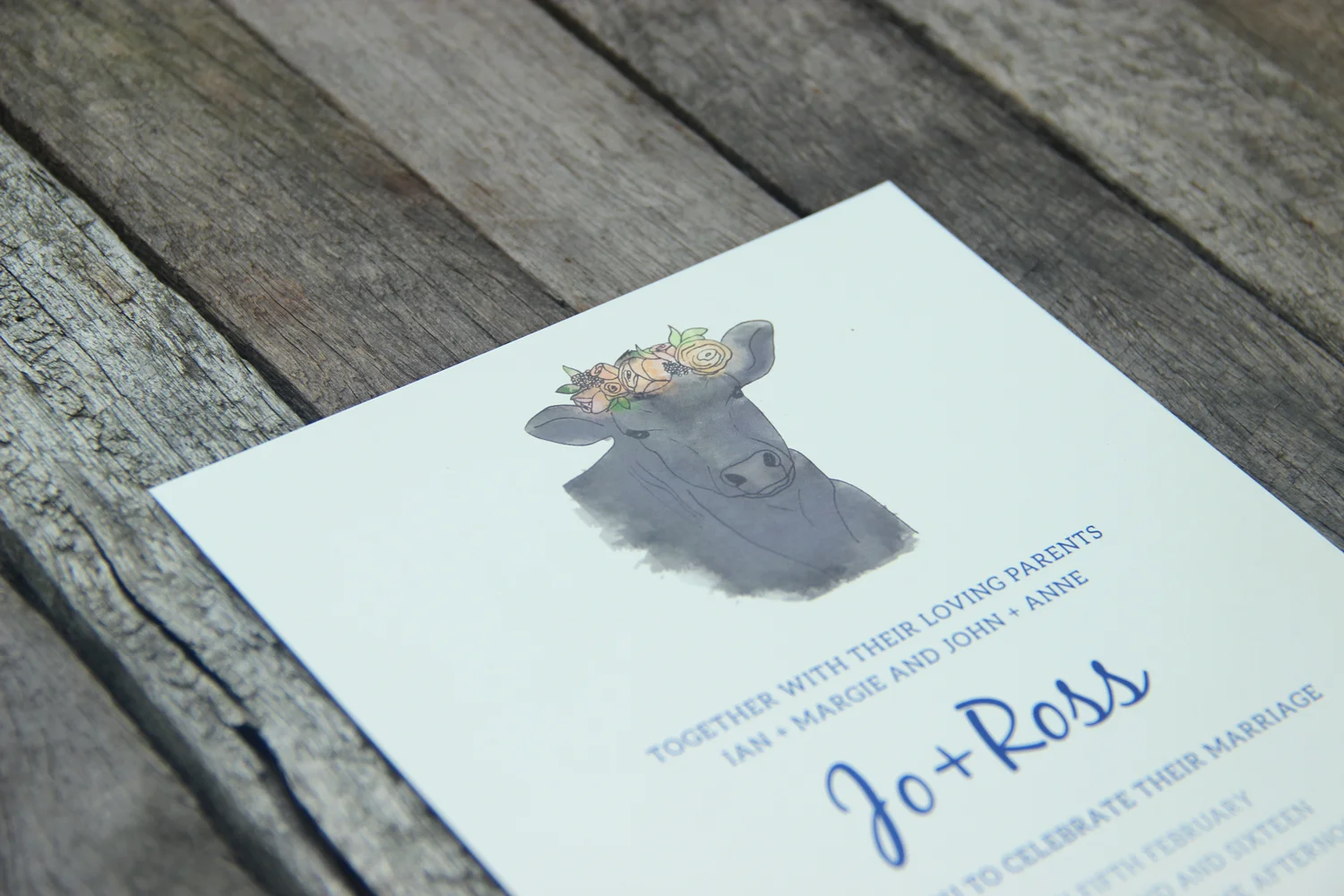  With their family and friends being well aware of where Jo &amp; Ross live, an Angus cow was illustrated for the invitation set. 