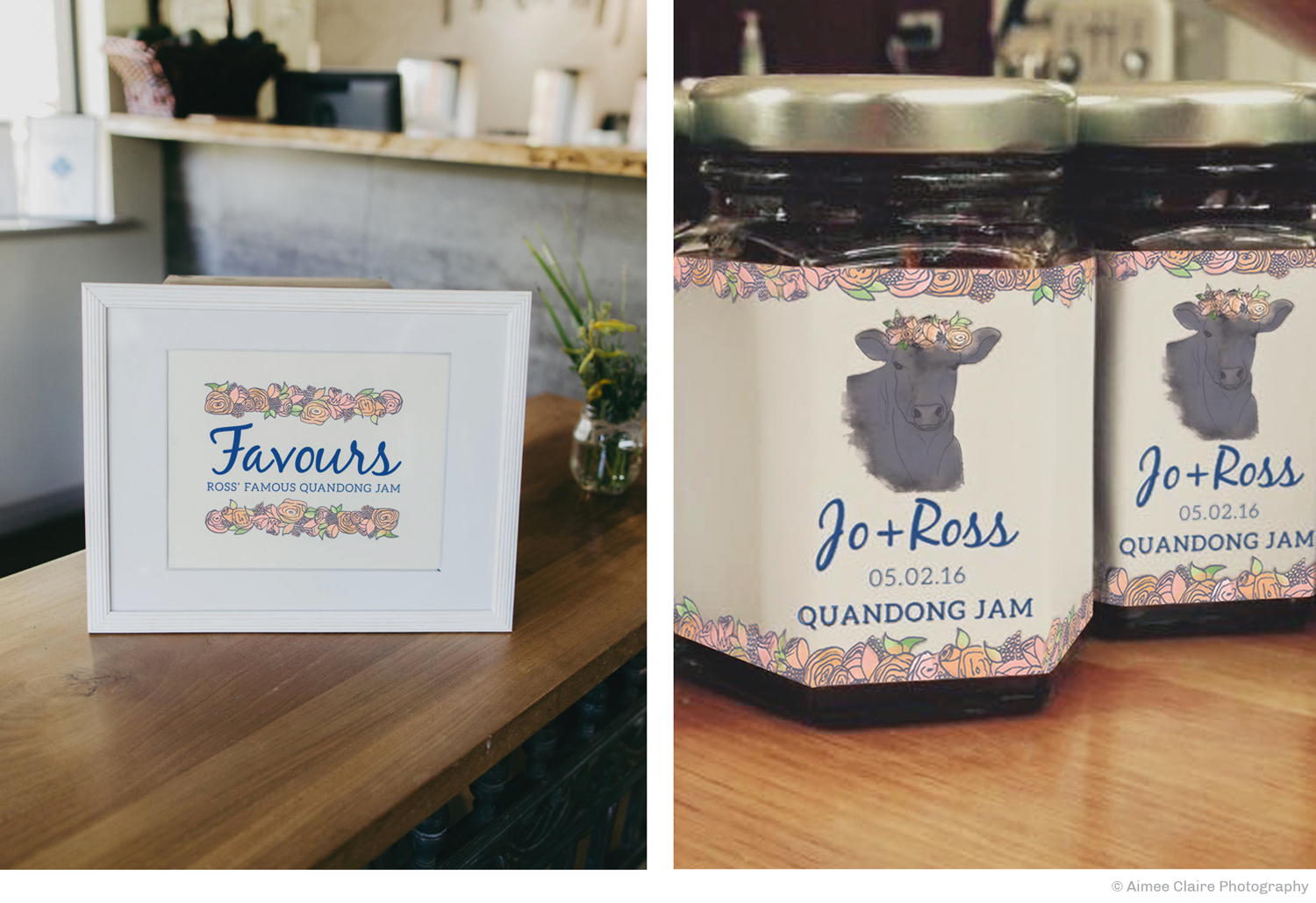 Jar labels were designed to label up Ross’ famous quandong jam as the guest favours from the wedding.