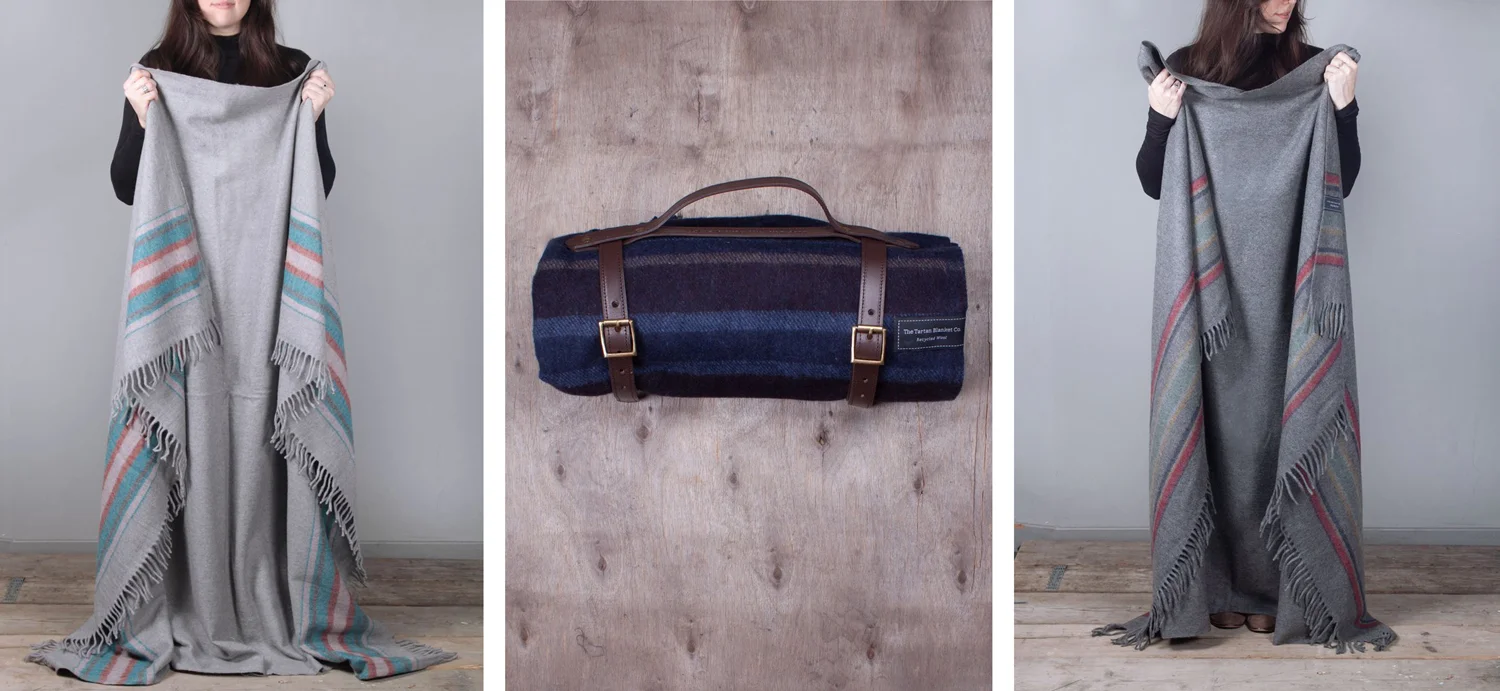  A range of recycled wool blankets were designed to be used as throws as well as picnic blankets along with a branded leather strap. 