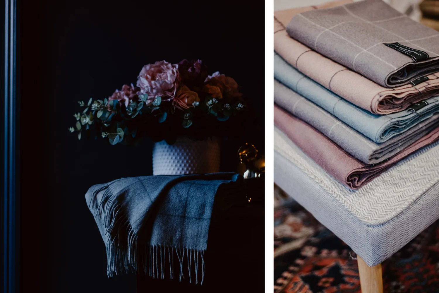  The modern pin line grids were designed in soft complementary hues and were cut into all sizes of the scarves, blankets and baby blankets. 