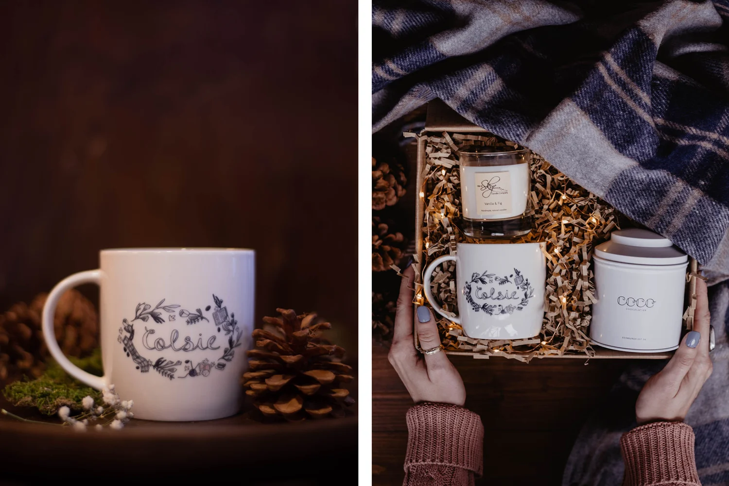  The illustration created for ‘colsie’ the old Scots word for ‘cosy’ and the campaign message for the collection became a part of the product range and was produced onto mugs, which were included in the Colsie themed gift box. 