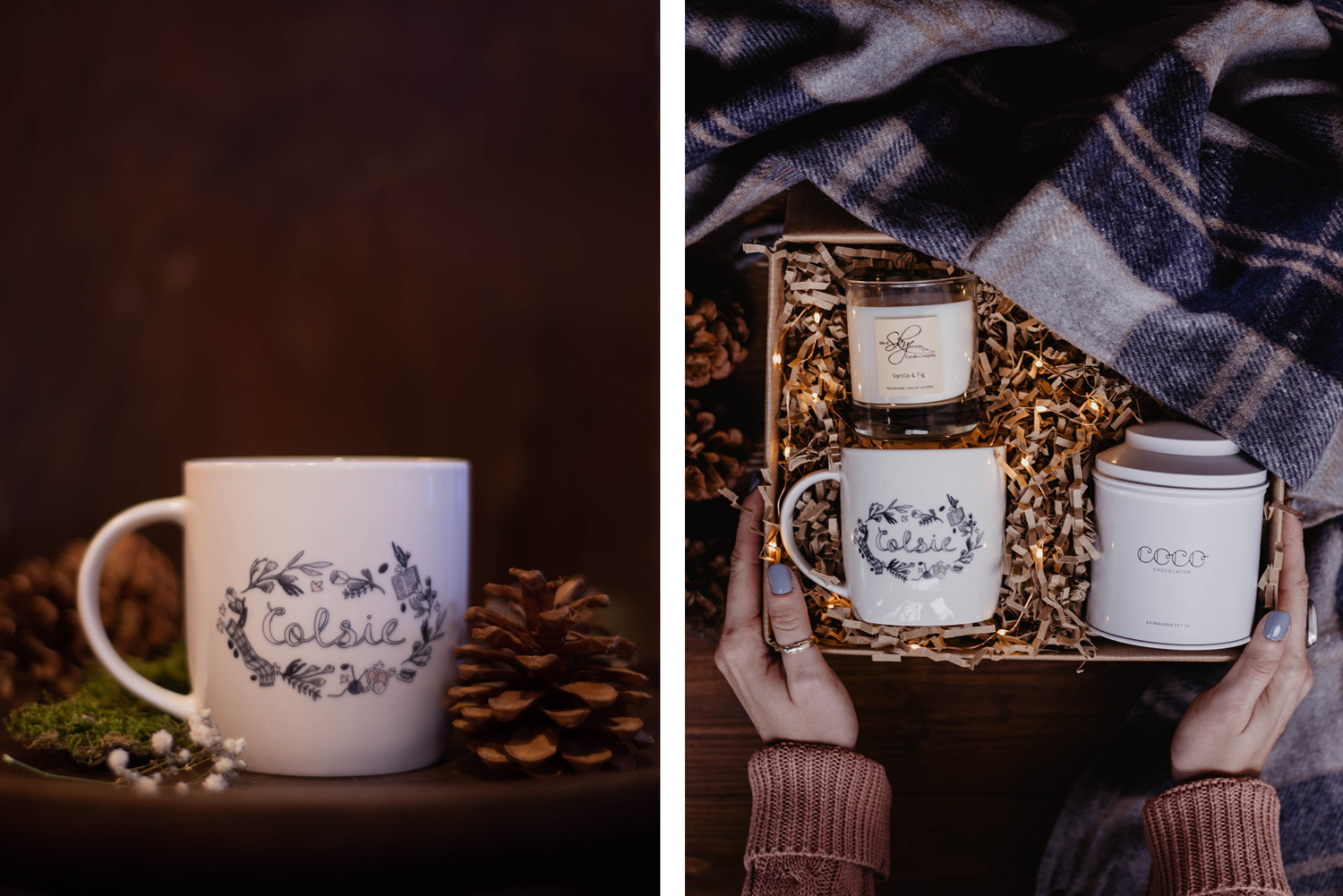The illustration created for ‘colsie’ the old Scots word for ‘cosy’ and the campaign message for the collection became a part of the product range and was produced onto mugs, which were included in the Colsie themed gift box.