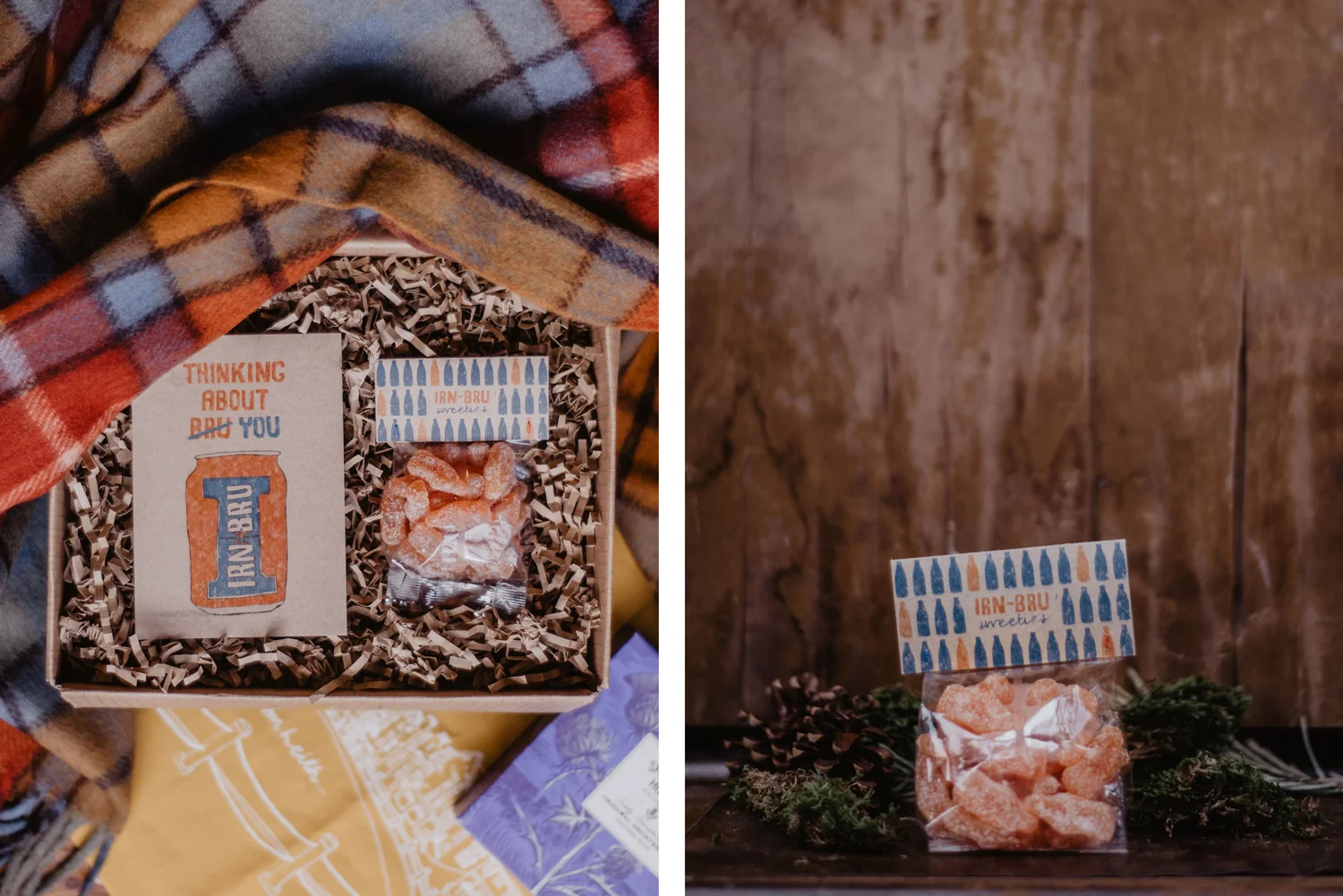  The Scottish nostalgia themed gift box was designed with the younger Scottish customer in mind. Irn-Bru is a very popular Scottish soft drink and was used as the main imagery throughout the box. Packaging was illustrated and designed for the locally