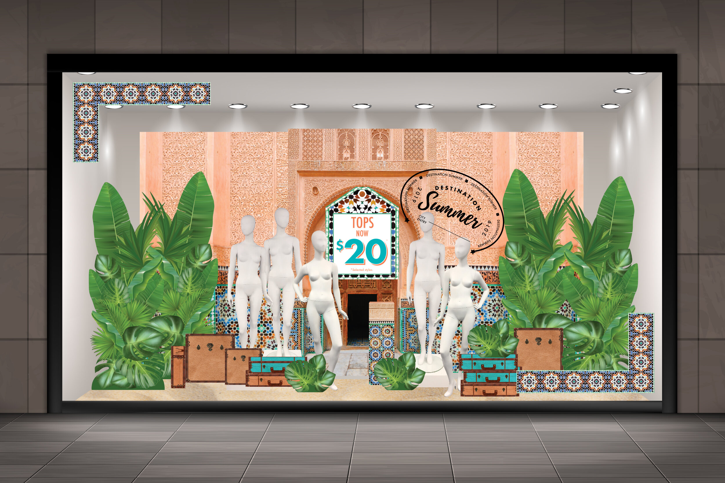  The summer holidaying destination concept was carried through to the design for the Rockmans window display and instore experience. 