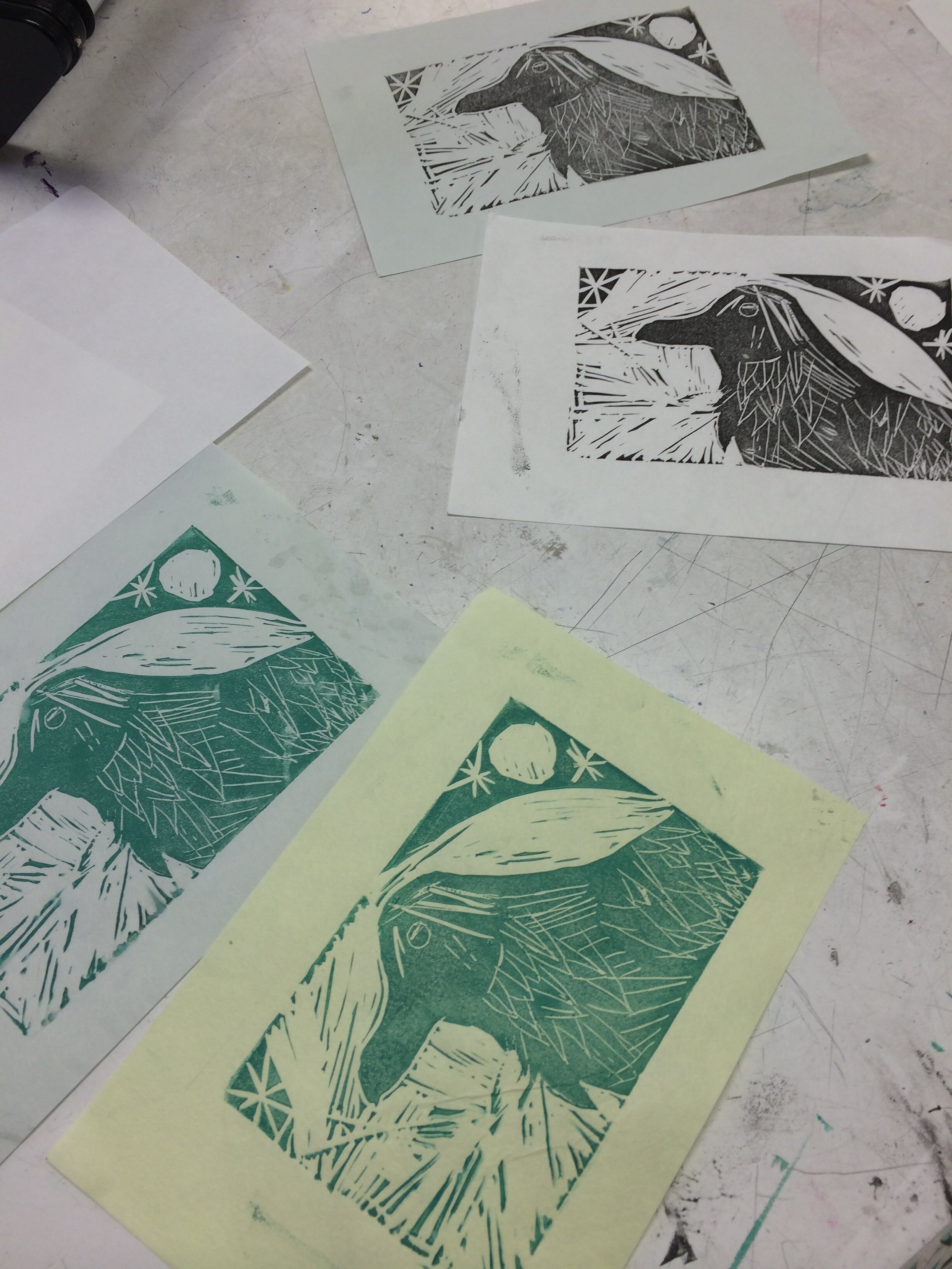 Linoleum Block Print: Raven
