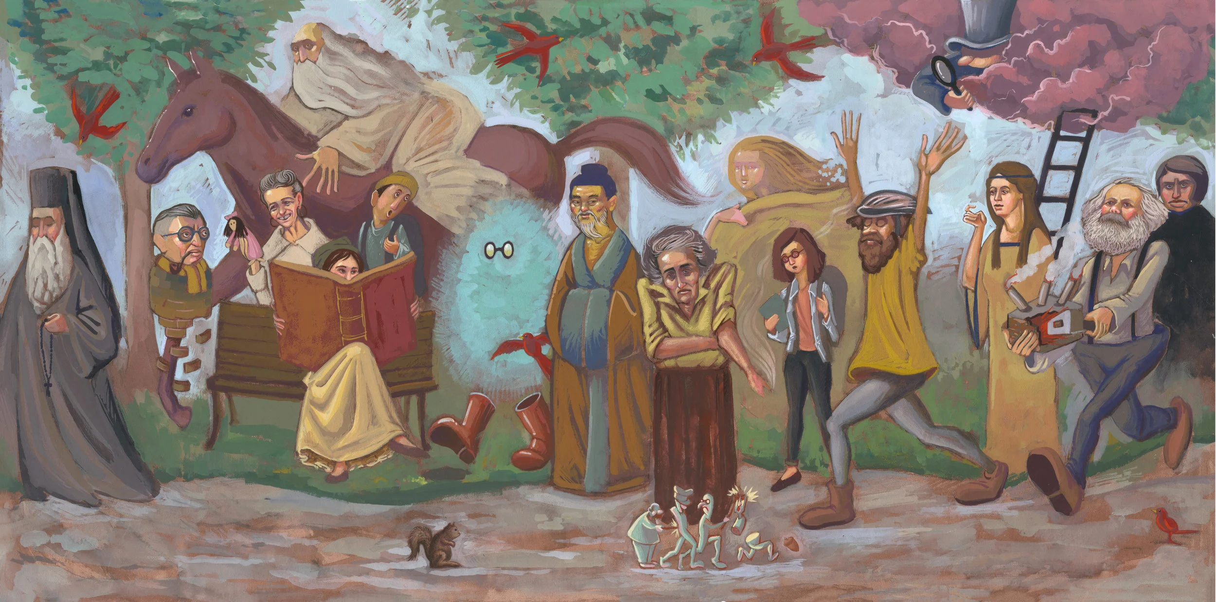  Mock mural design for   Philosopher's Walk,   Toronto.  The mural takes this seemingly quiet part of downtown and turns it into a bustling trail of philosophers and thinkers, some of whom have fundamentally contradicting ideas.  Perhaps this chaos o