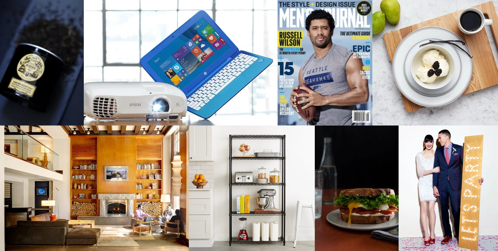 A collage of various indoor and outdoor scenes featuring a candle, laptop with projector, magazine cover with a man holding a football, bowl of ice cream with blackberries on a plate, a living room with a fireplace, a kitchen with shelves and appliances, a burger on a plate, and a man and woman dressed in wedding attire holding a sign that says 'Almost'.