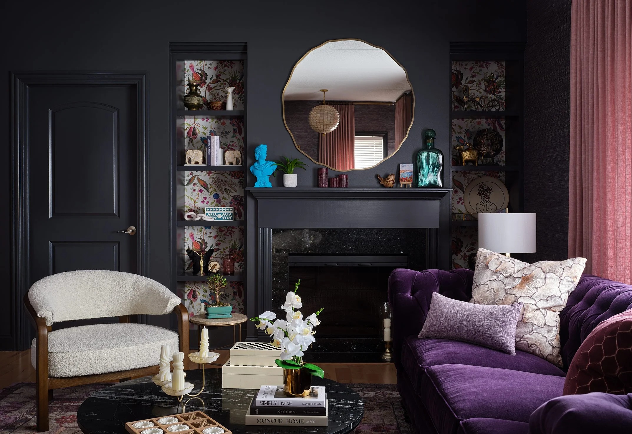 MOODY LIVING ROOM, PURPLE SOFA, JEWEL TONE, BOLD, CHICAGO INTERIOR DESIGNER, SARAH JACQUELYN INTERIORS