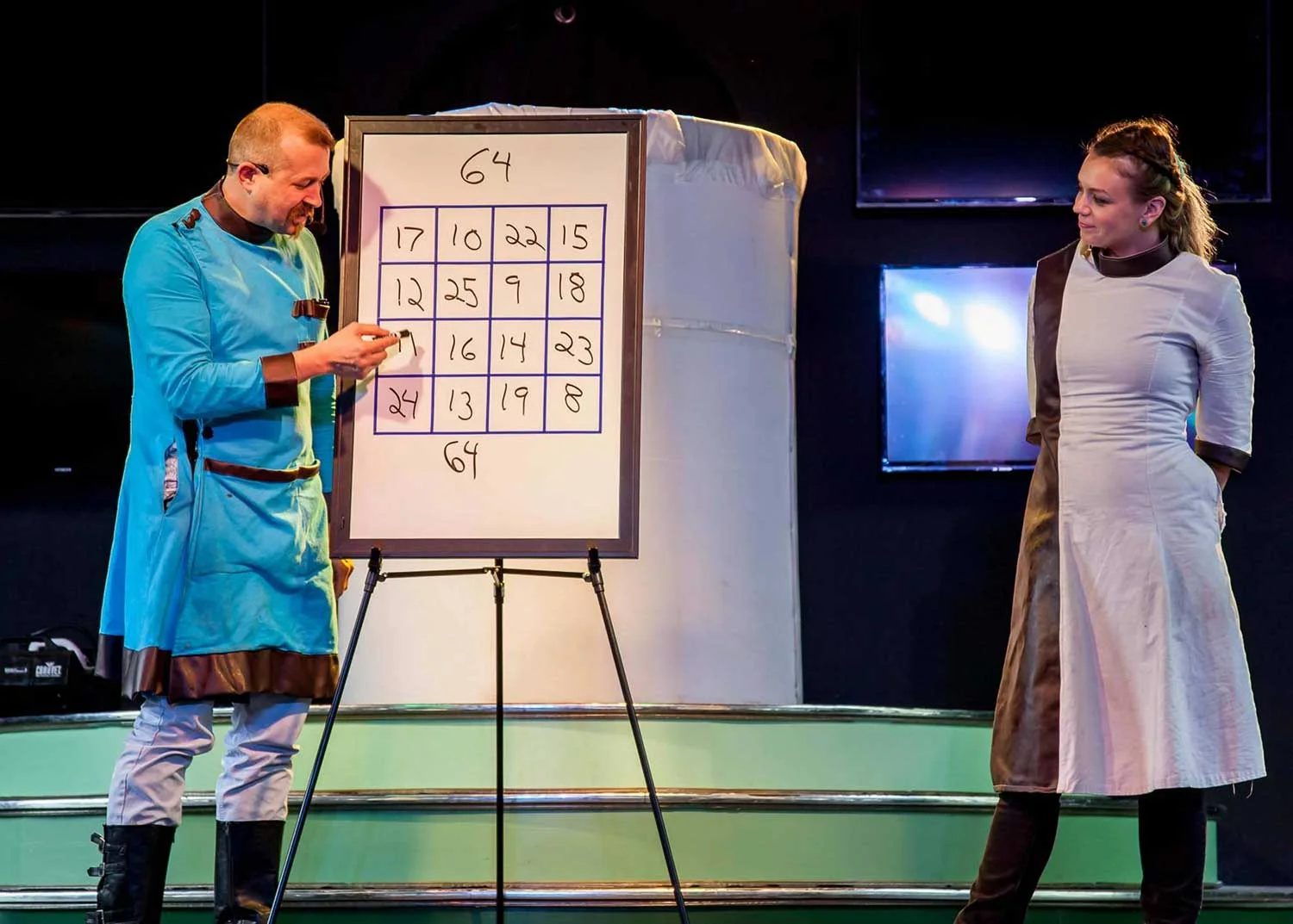 Hagerman revealing a magic square during a Math-A-Magic math assembly while his assistant looks on