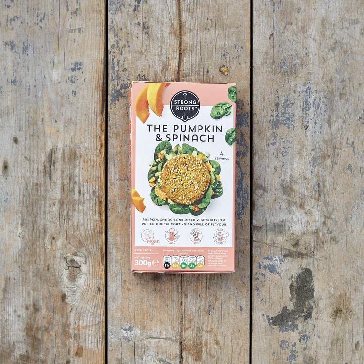 Individually quick-frozen pumpkin, spinach and mixed vegetables in a quinoa gluten free crumb.