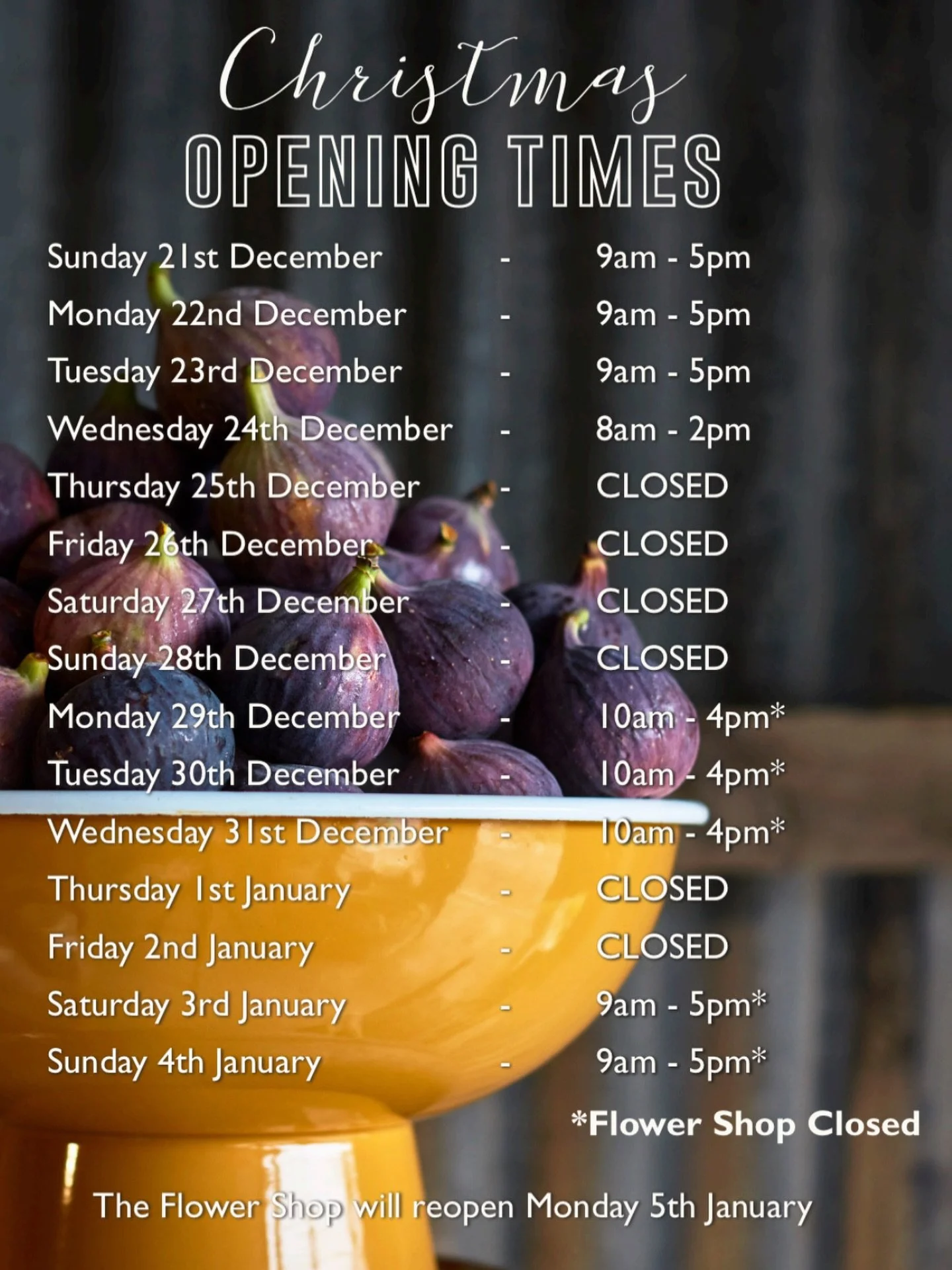 Christmas opening times!

Thank you for supporting our small business throughout the year. 

Our doors close at 2pm Christmas Eve. 

We look forward to seeing you over the next 9 days.

#christmasopeningtimes 
#christmasopeninghours 
#kingfisherfarms