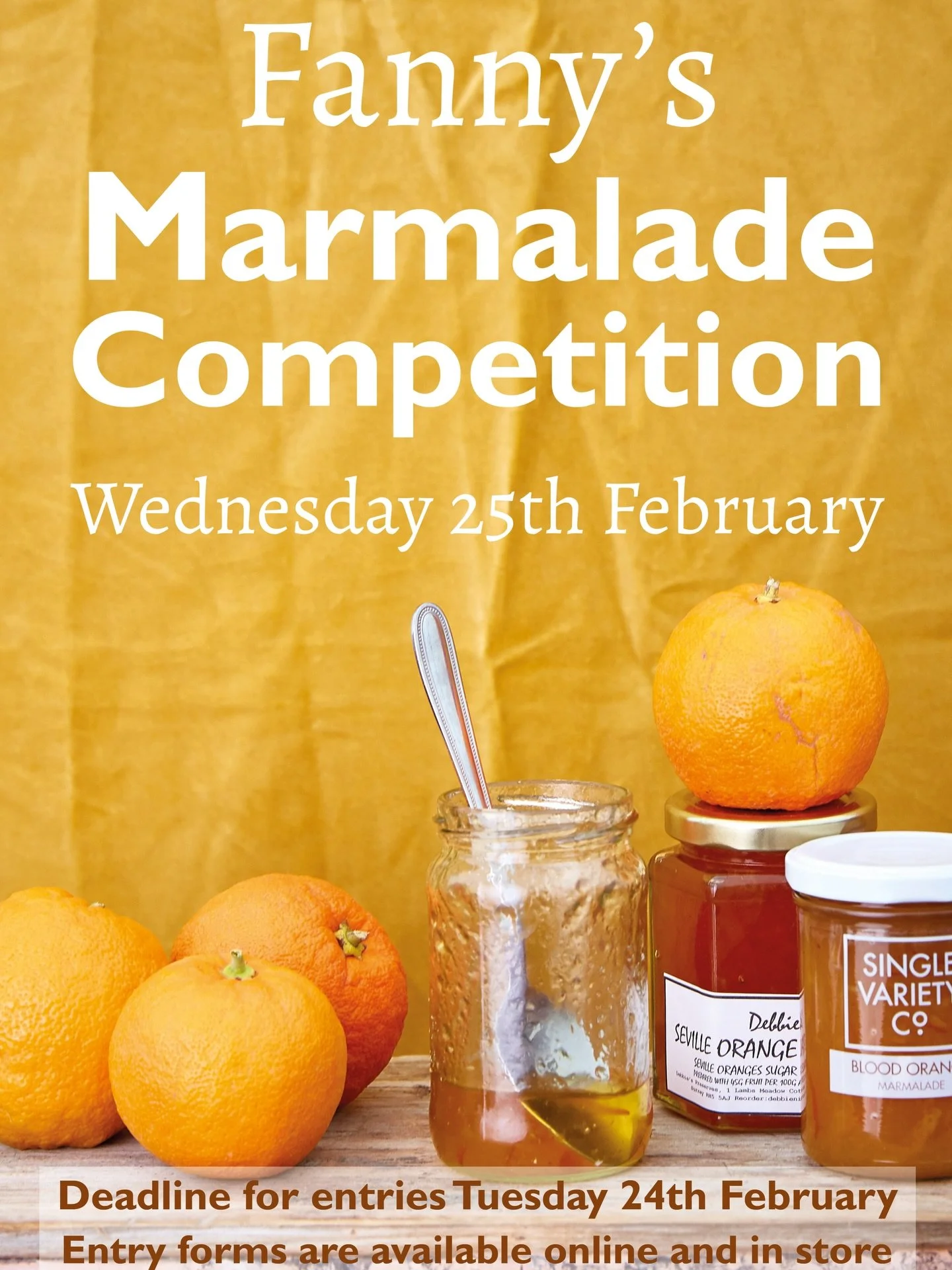 If you who have been busy making marmalade, don&rsquo;t forget to enter &lsquo;Fanny&rsquo;s Marmalade&rsquo; Competition. 
Entries must be in by Tuesday 24 February. 
Judging takes place Wednesday 25 January. 

Good luck! 

#fannysmarmaladecompetiti