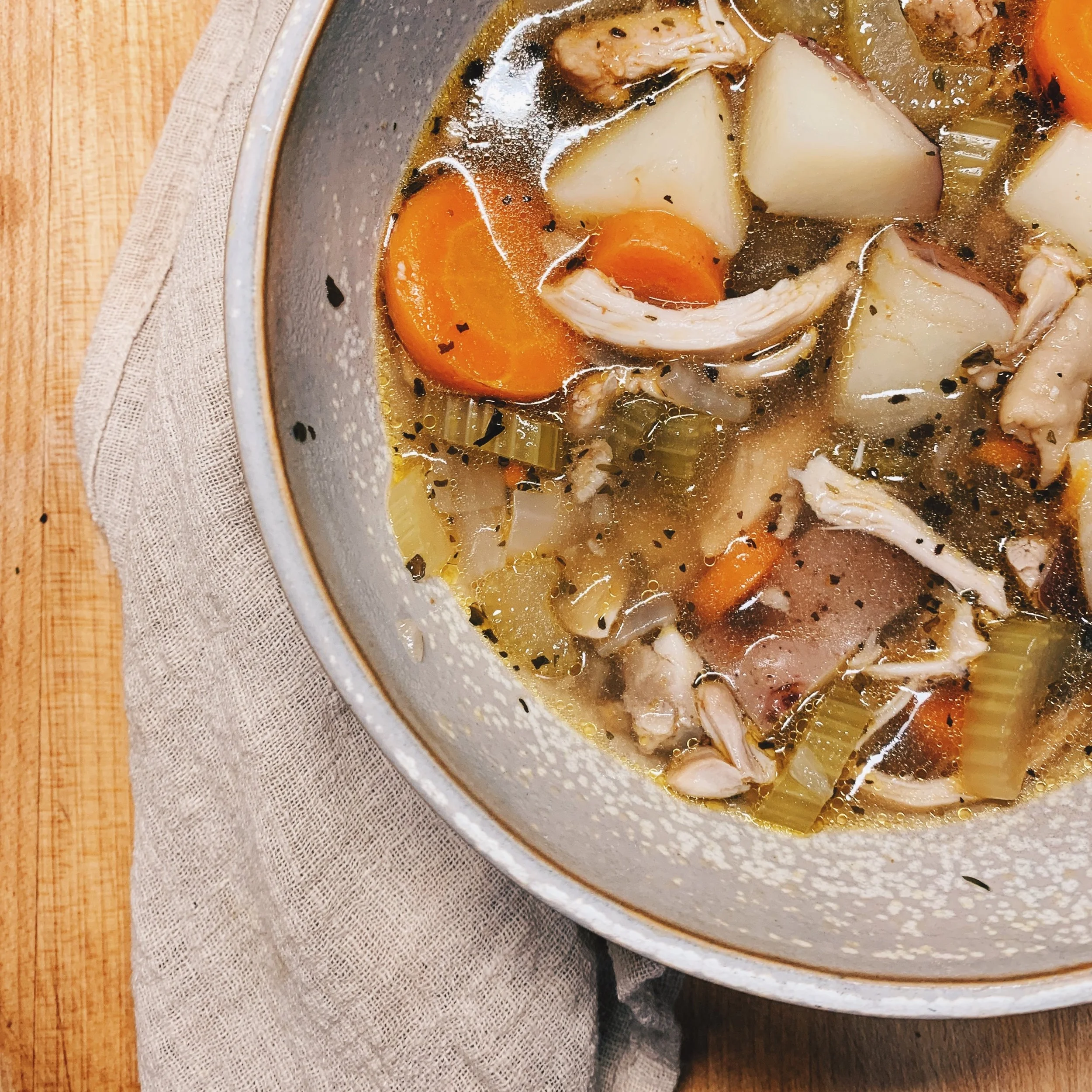 Chicken Veggie Soup Sometimes you just need a simple comforting meal to satisfy ALL your needs! =) I have made this meal with GF noodles, as well as with potatoes instead. I like to replace the water with veggie broth cause…FLAVOR! Recipe Here !