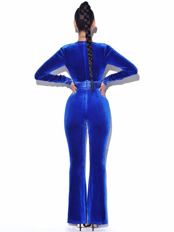 Glorious Blue Long Sleeve Velvet Jumpsuit