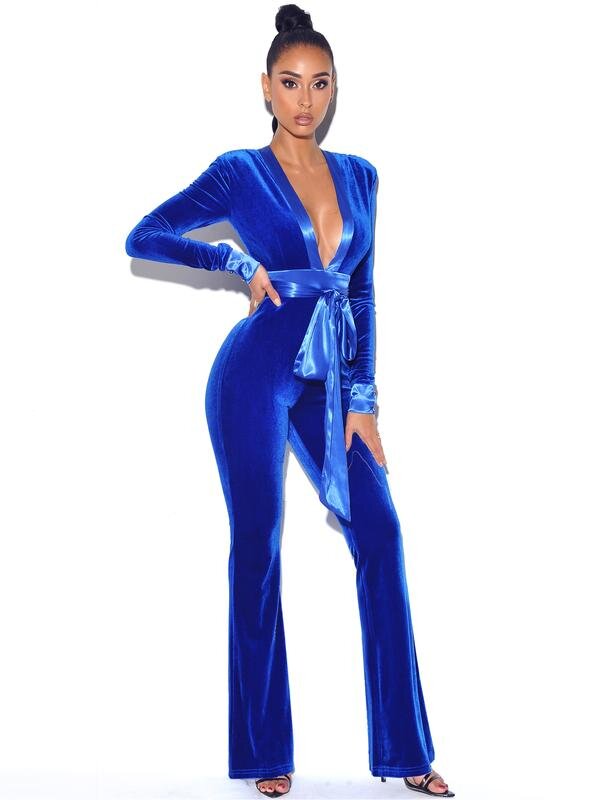 Glorious Royal Blue Long Sleeve Velvet Jumpsuit