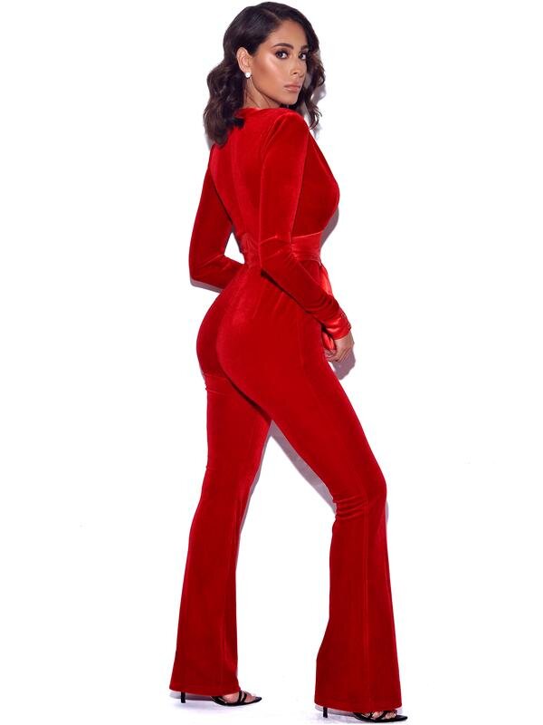 Glorious Red Long Sleeve Velvet Jumpsuit