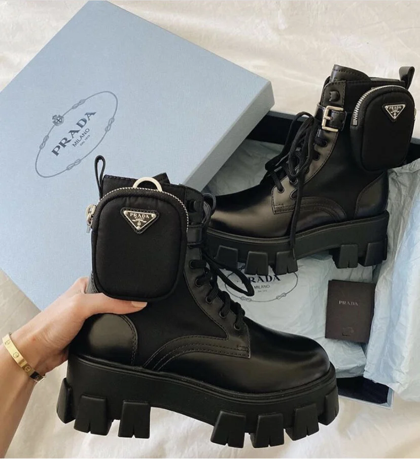 PRADA Leather Zip Pocket Combat Booties
