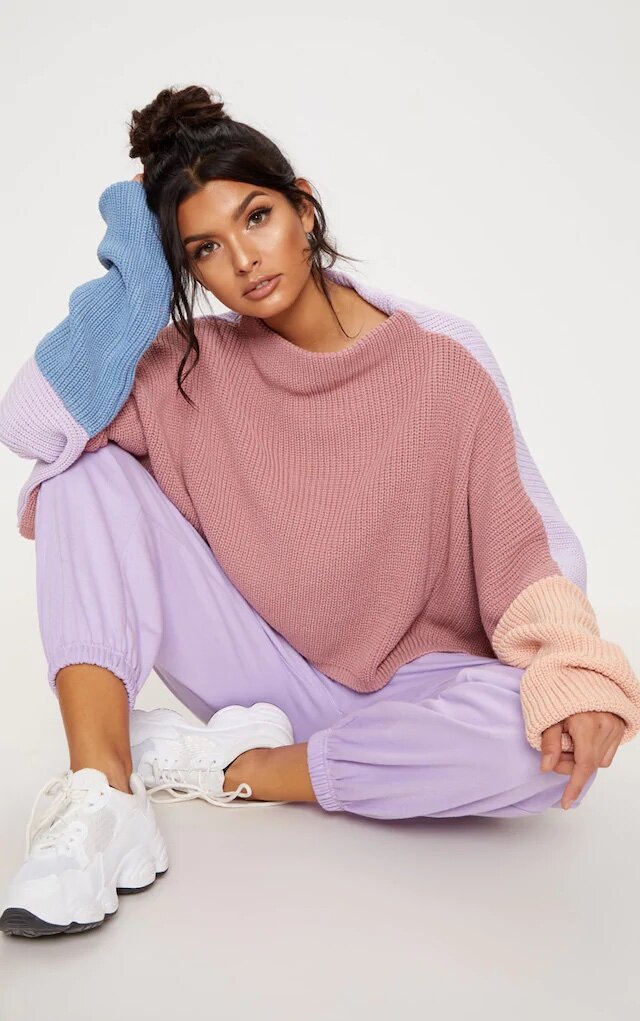 Pink Oversized Colour Block Sweater 