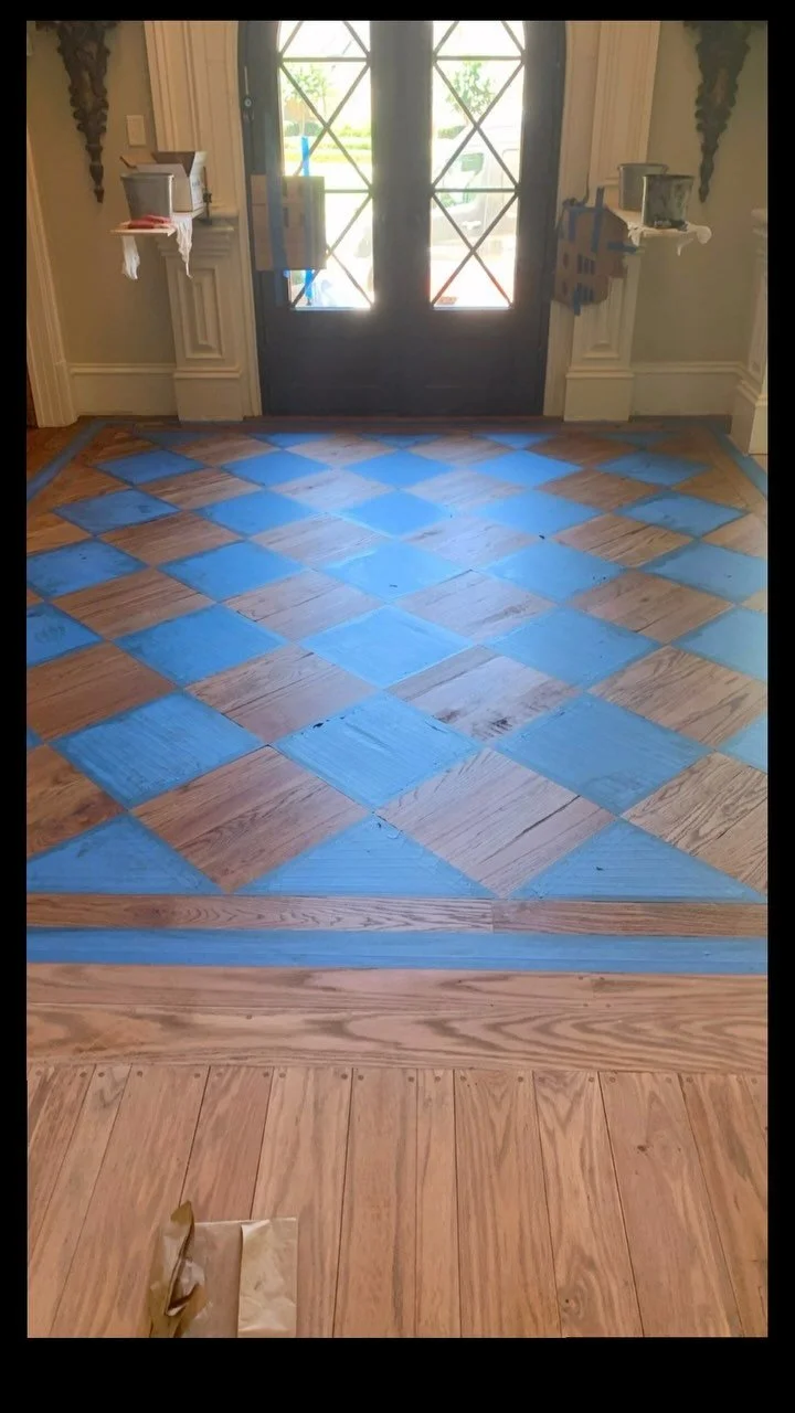 Progression of a dramatic transformation for this french castle inspired foyer. 100% made in house checker board layout,hand made distressed texture and a two tone effect for added impact.
#customhardwood #atlanta #atlantadesign #distressedfloors #in