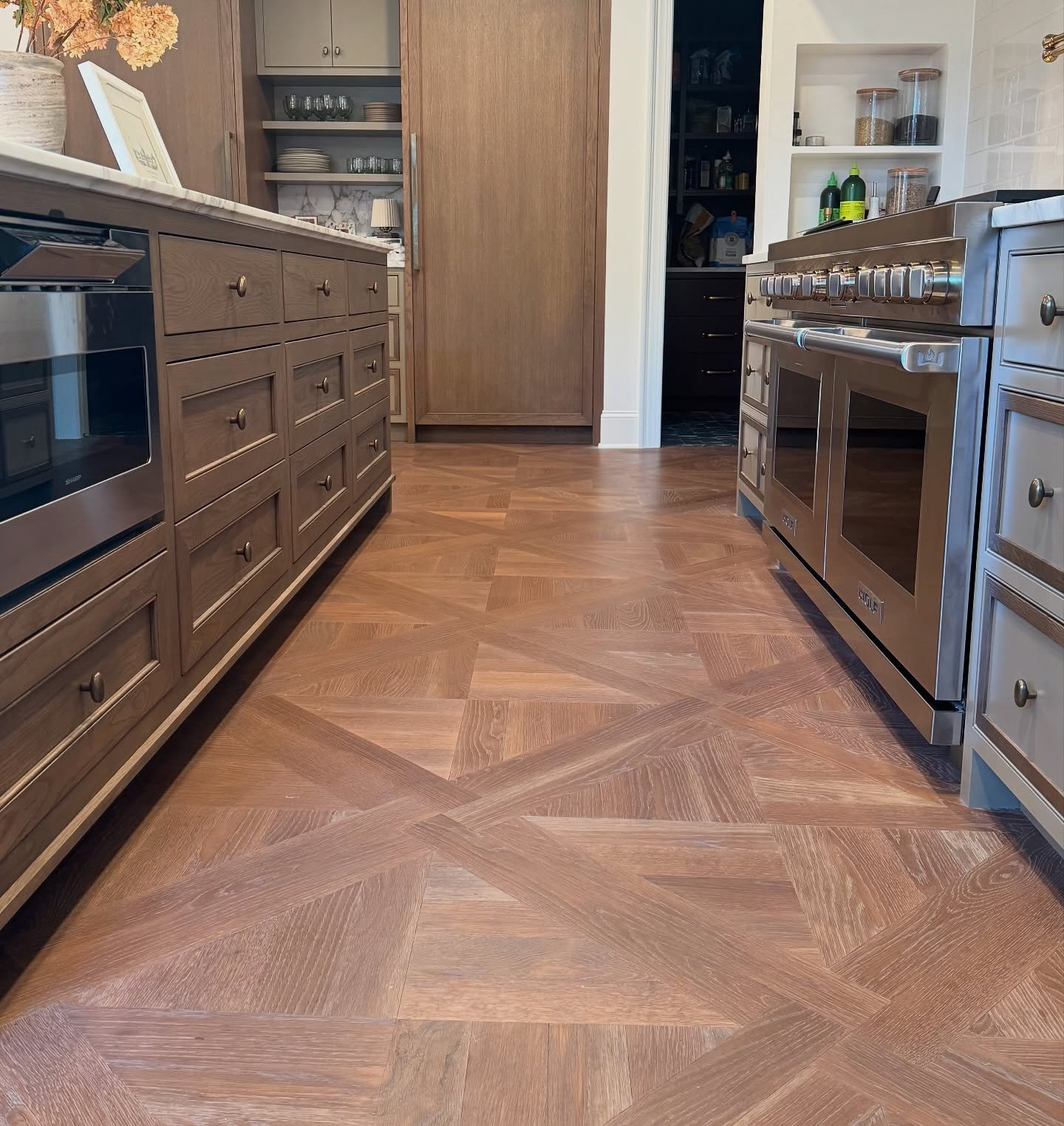 What happens when  spectacular vision and design meets unmatched craftsmanship? You&rsquo;ll find yourself never wanting to leave that place.
We designed and scaled this custom pattern specifically for this space. Fabricated 100% in-house, finished i