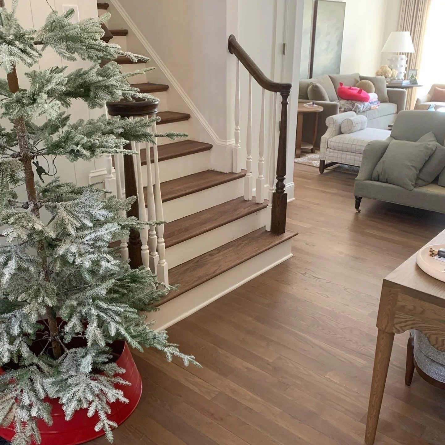 Christmas tree, decorations, presents and holiday cheer always feel best on a picture perfect canvas. 
Final stage of this project is complete - Stairs and loft were sanded to perfection, then a two step color process gave them a modern yet cozy, tim