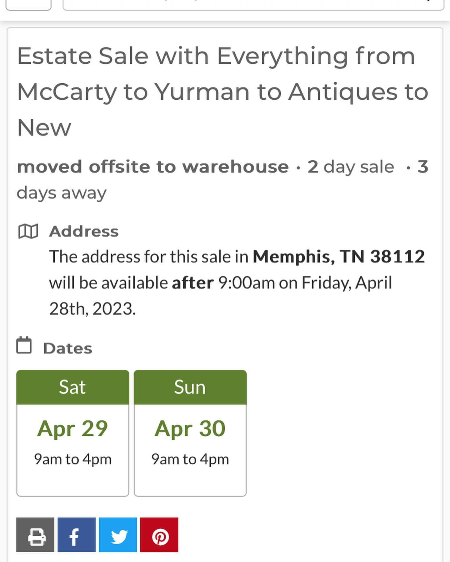 This Saturday &amp; Sunday will not only be our warehouse sale at Cotton Row Weekends, 174 Collins Street Memphis TN, but also a special Estate Sale will be going on!

Stop by from 9am till 4pm both days. See details in link. 

Cotton Row Weekends lo